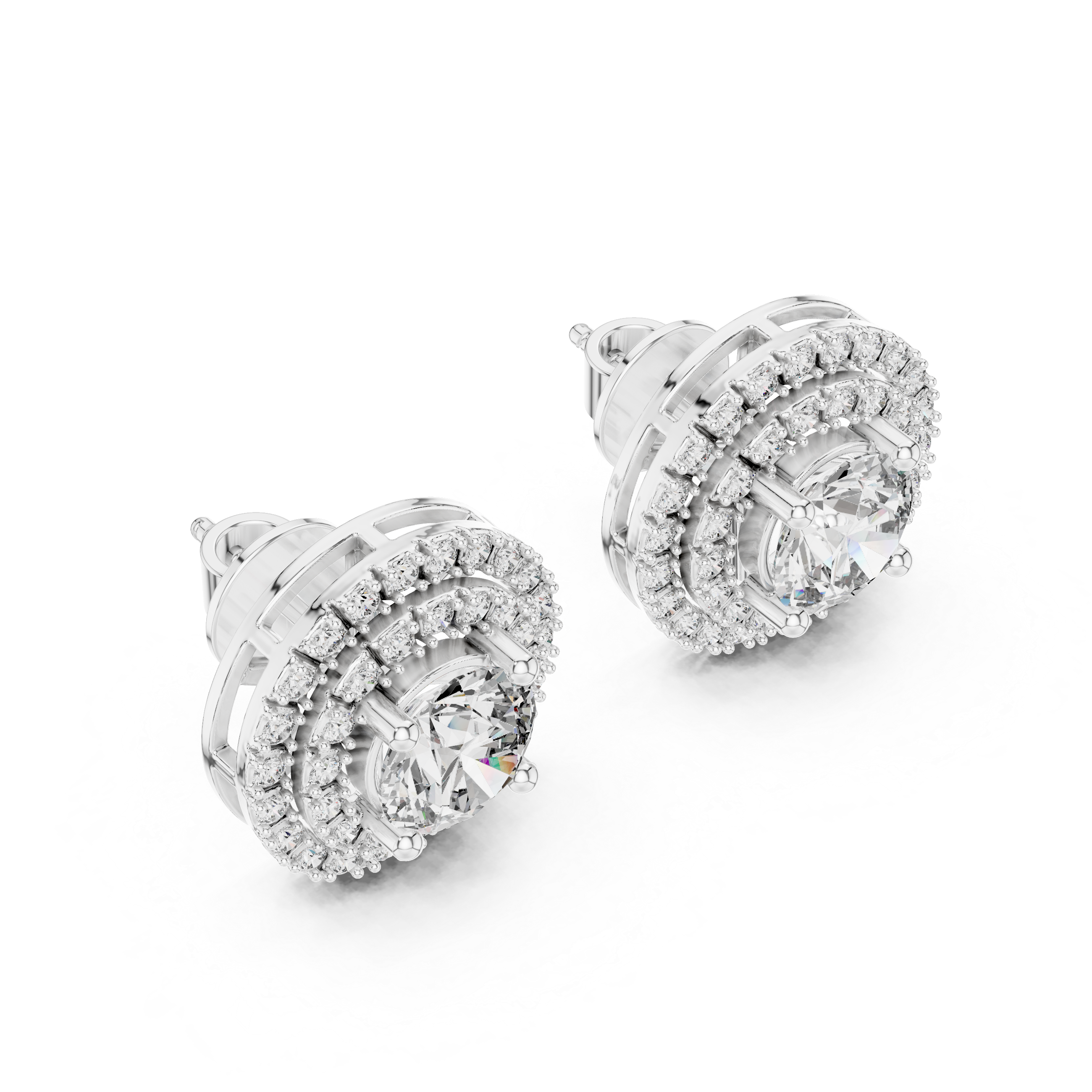 Prong-set round brilliant solitaire stud earrings with a double stone-set round halo border
