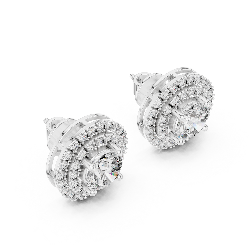 Prong-set round brilliant solitaire stud earrings with a double stone-set round halo border