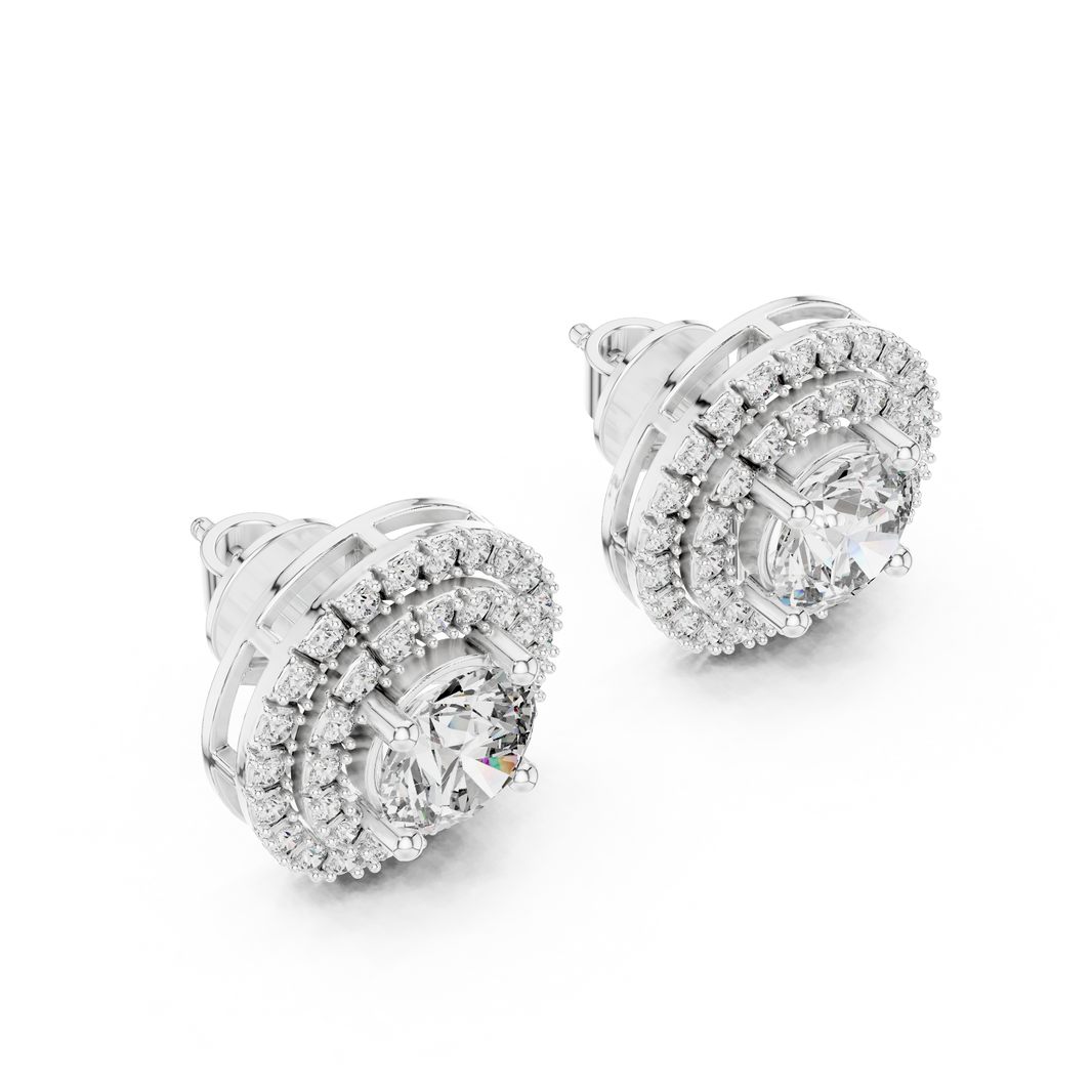 Prong-set round brilliant solitaire stud earrings with a double stone-set round halo border