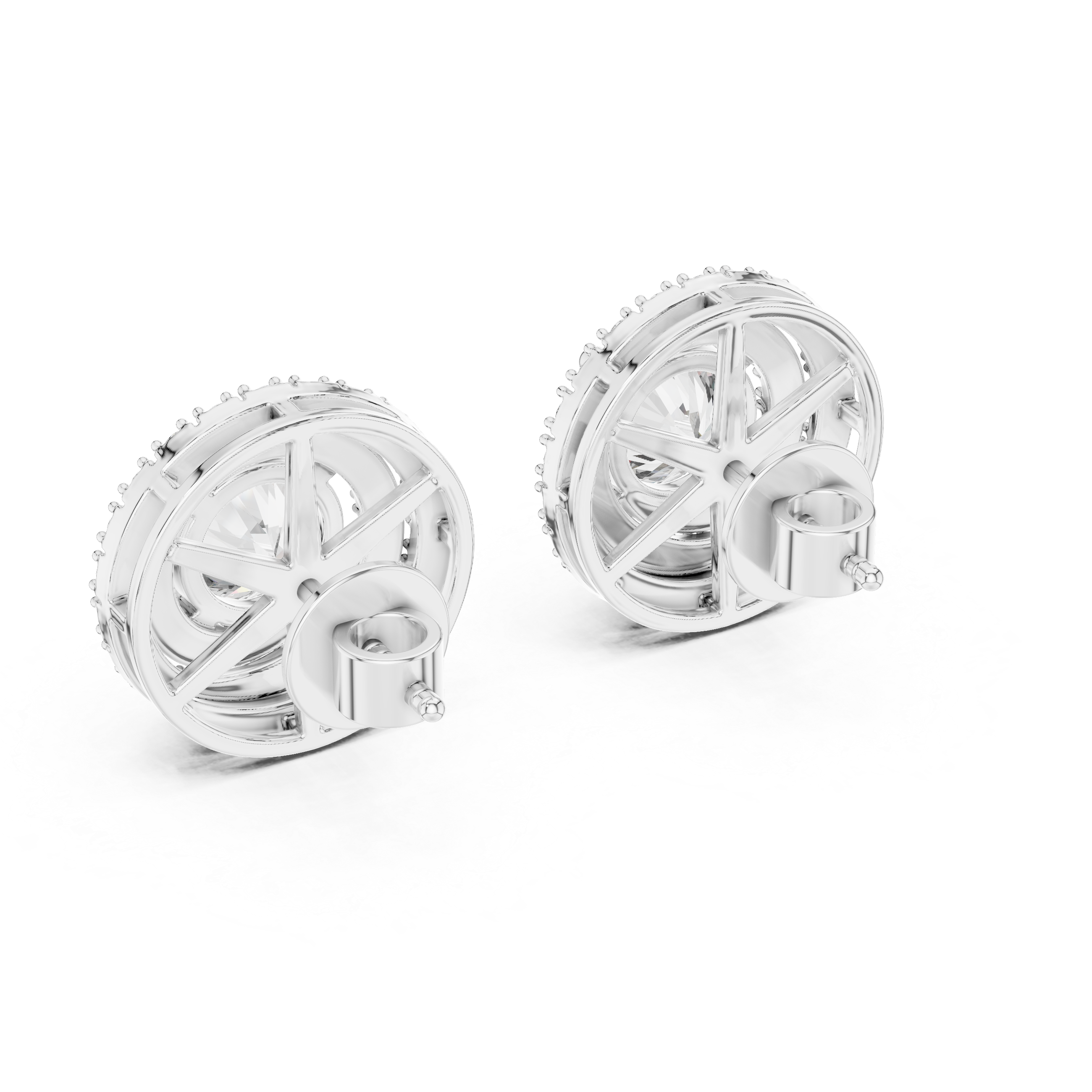 Prong-set round brilliant solitaire stud earrings with a double stone-set round halo border