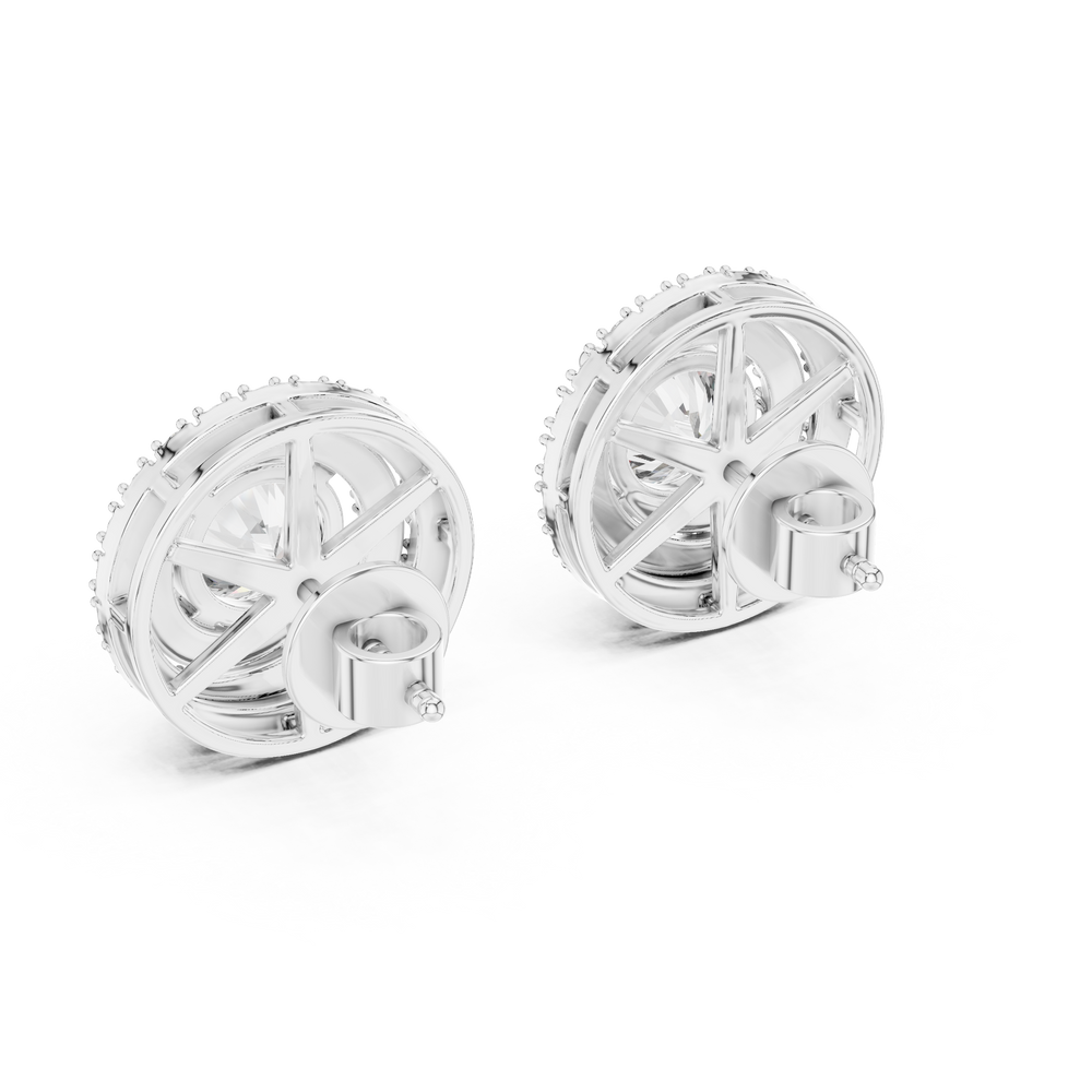 Prong-set round brilliant solitaire stud earrings with a double stone-set round halo border