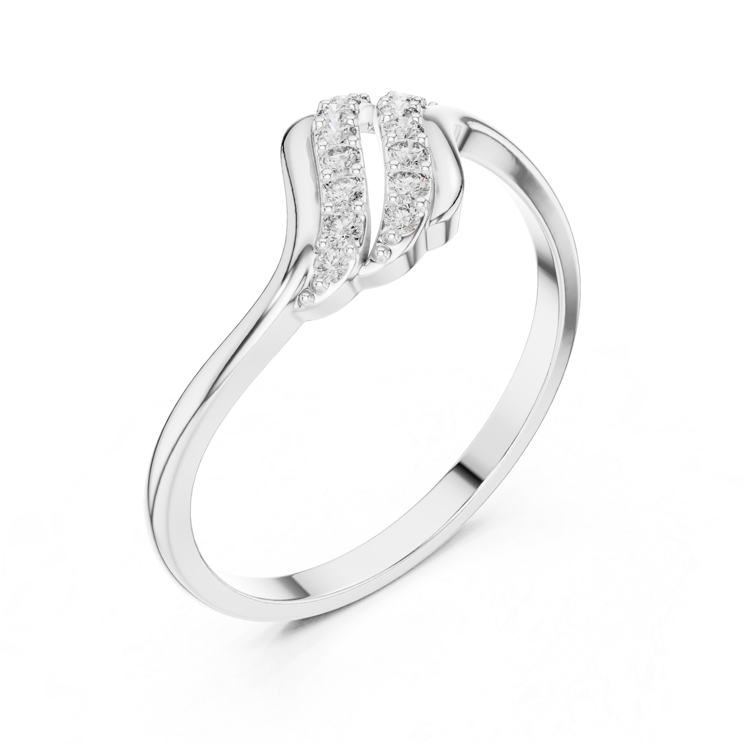 Double row bypass pave ring with split pave top and curved tapered shank