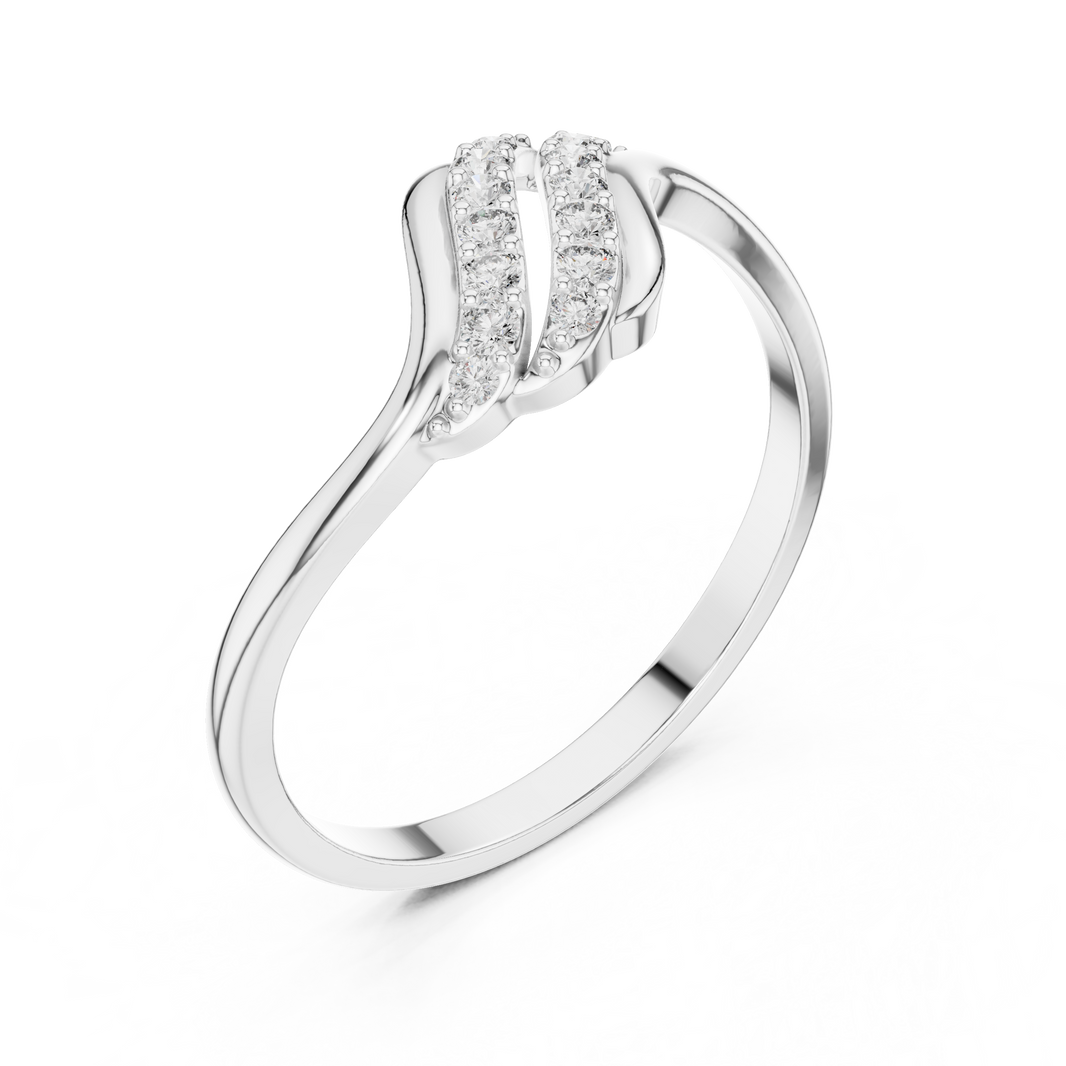 Double row bypass pave ring with split pave top and curved tapered shank