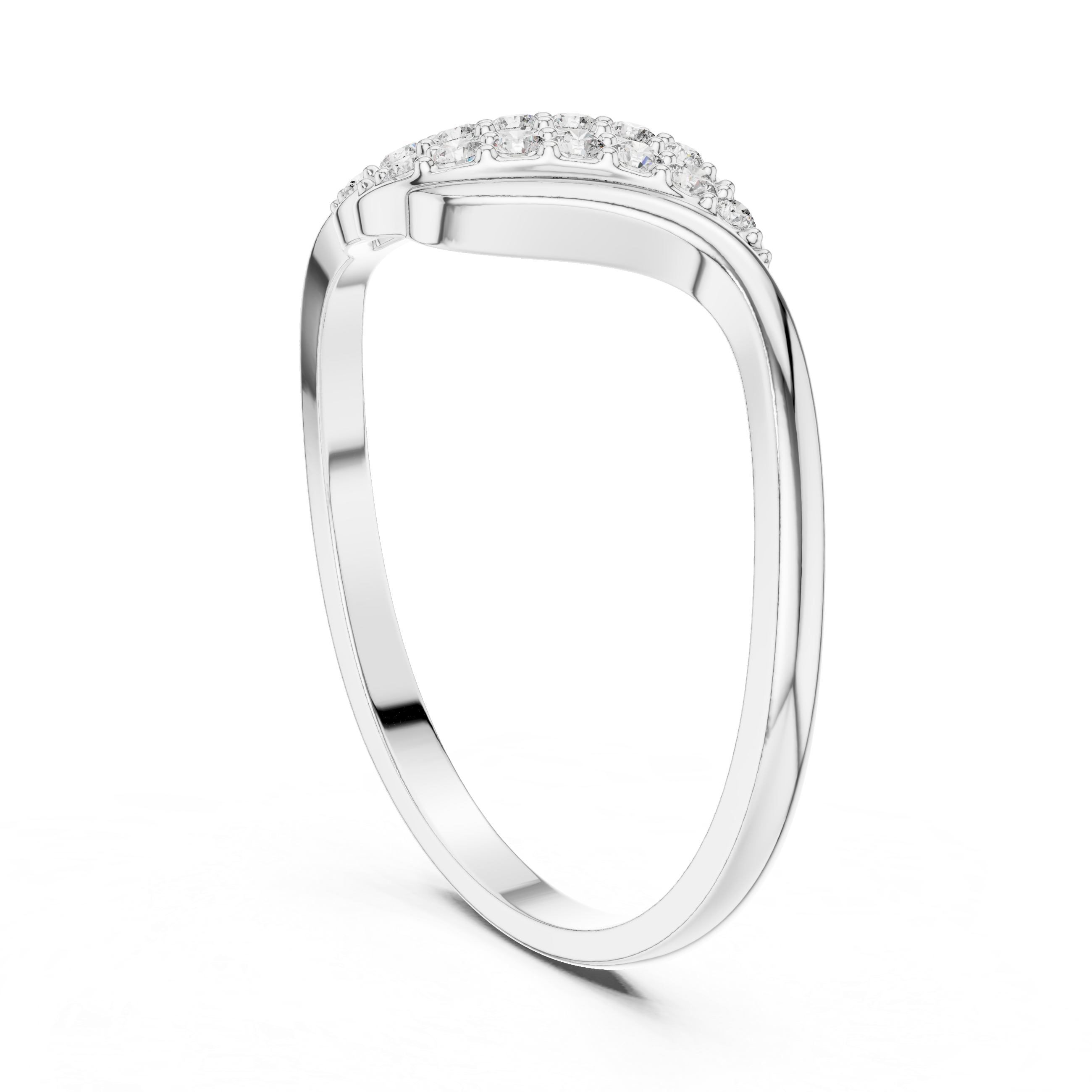 Double row bypass pave ring with split pave top and curved tapered shank