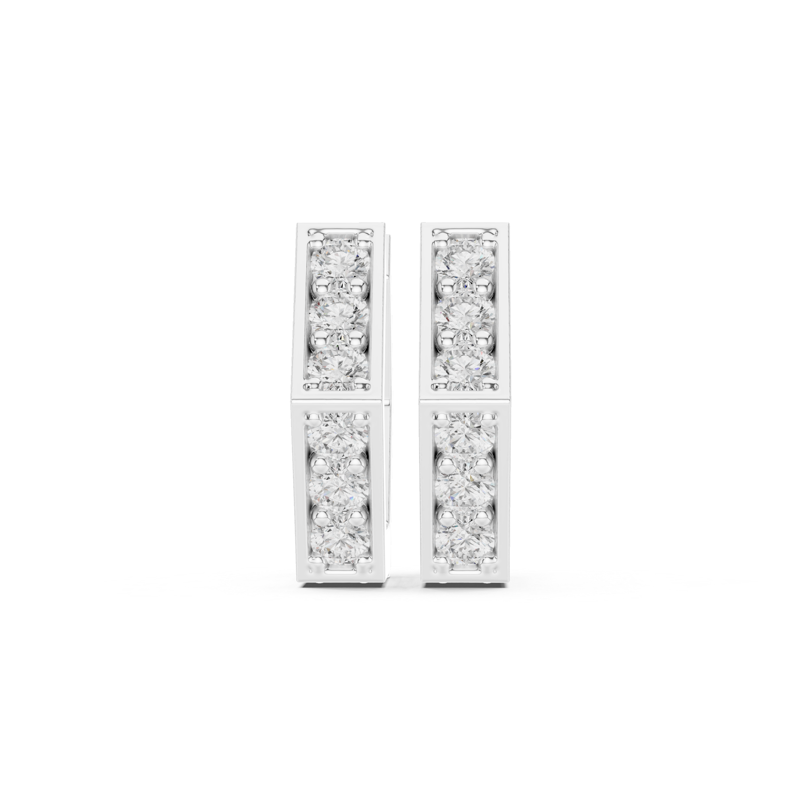 Double row stone square huggie earrings with two rows of prong set round stones on a square edged hoop band