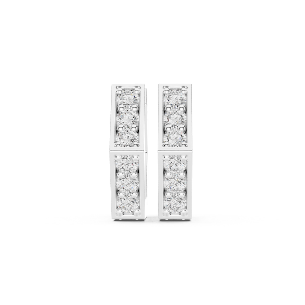 Double row stone square huggie earrings with two rows of prong set round stones on a square edged hoop band