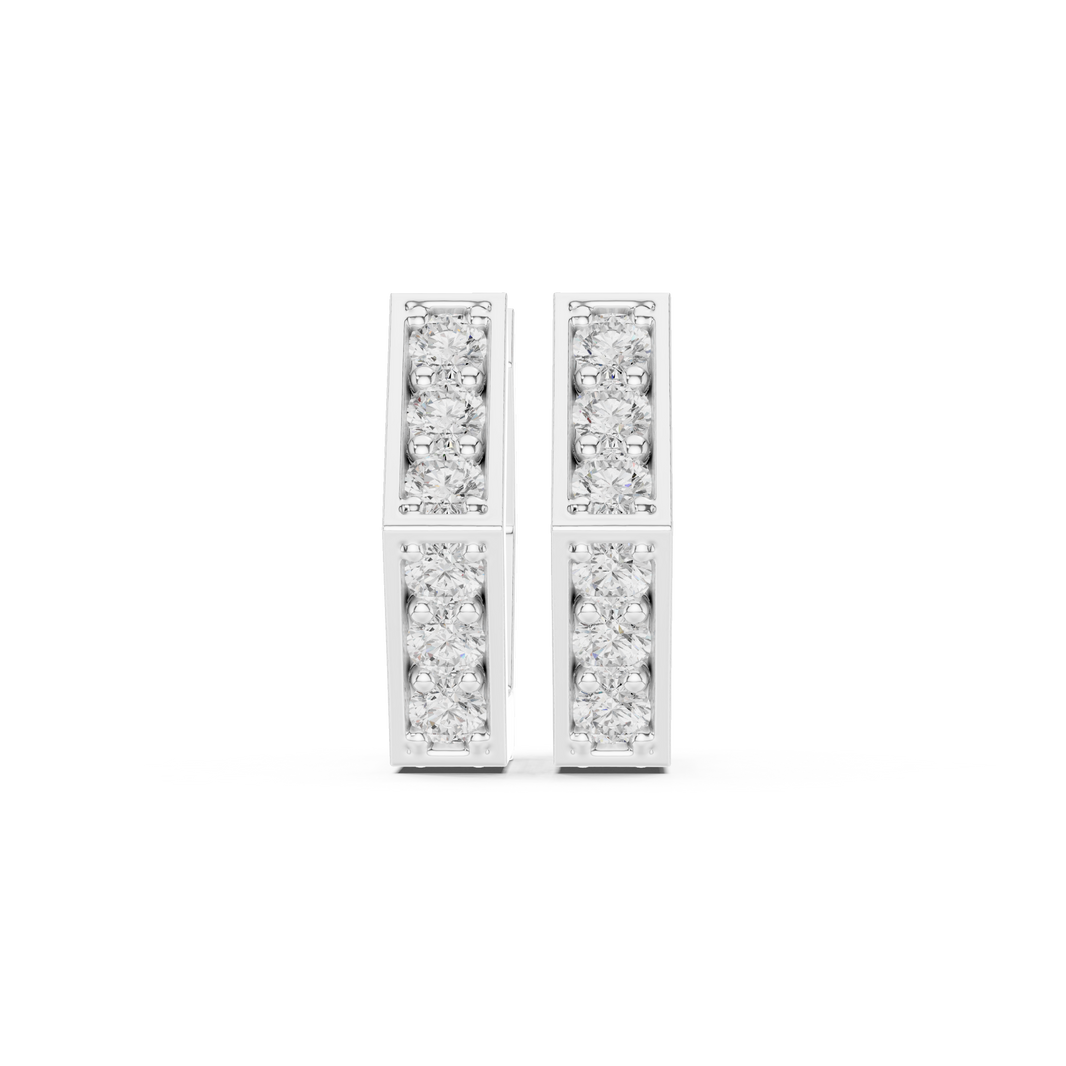 Double row stone square huggie earrings with two rows of prong set round stones on a square edged hoop band