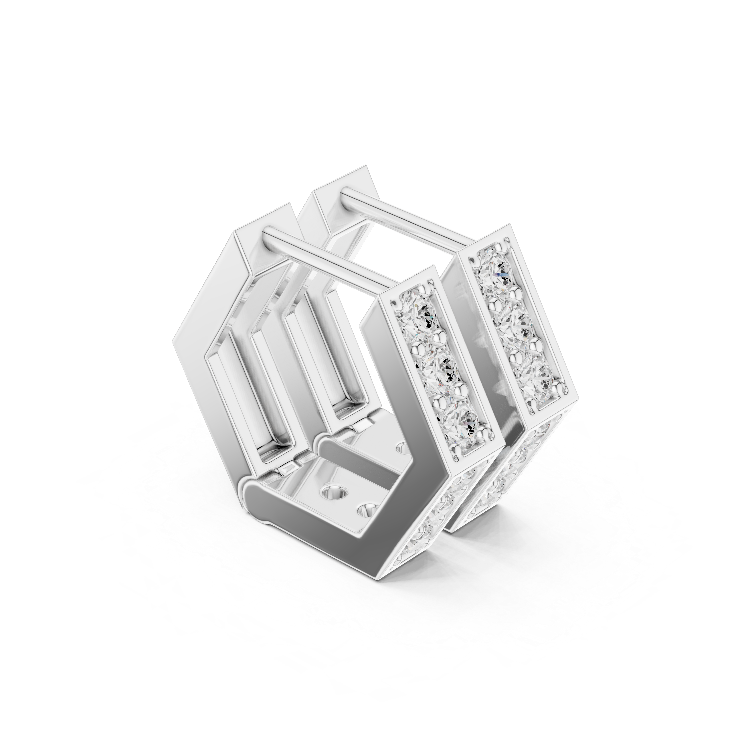 Double row stone square huggie earrings with two rows of prong set round stones on a square edged hoop band