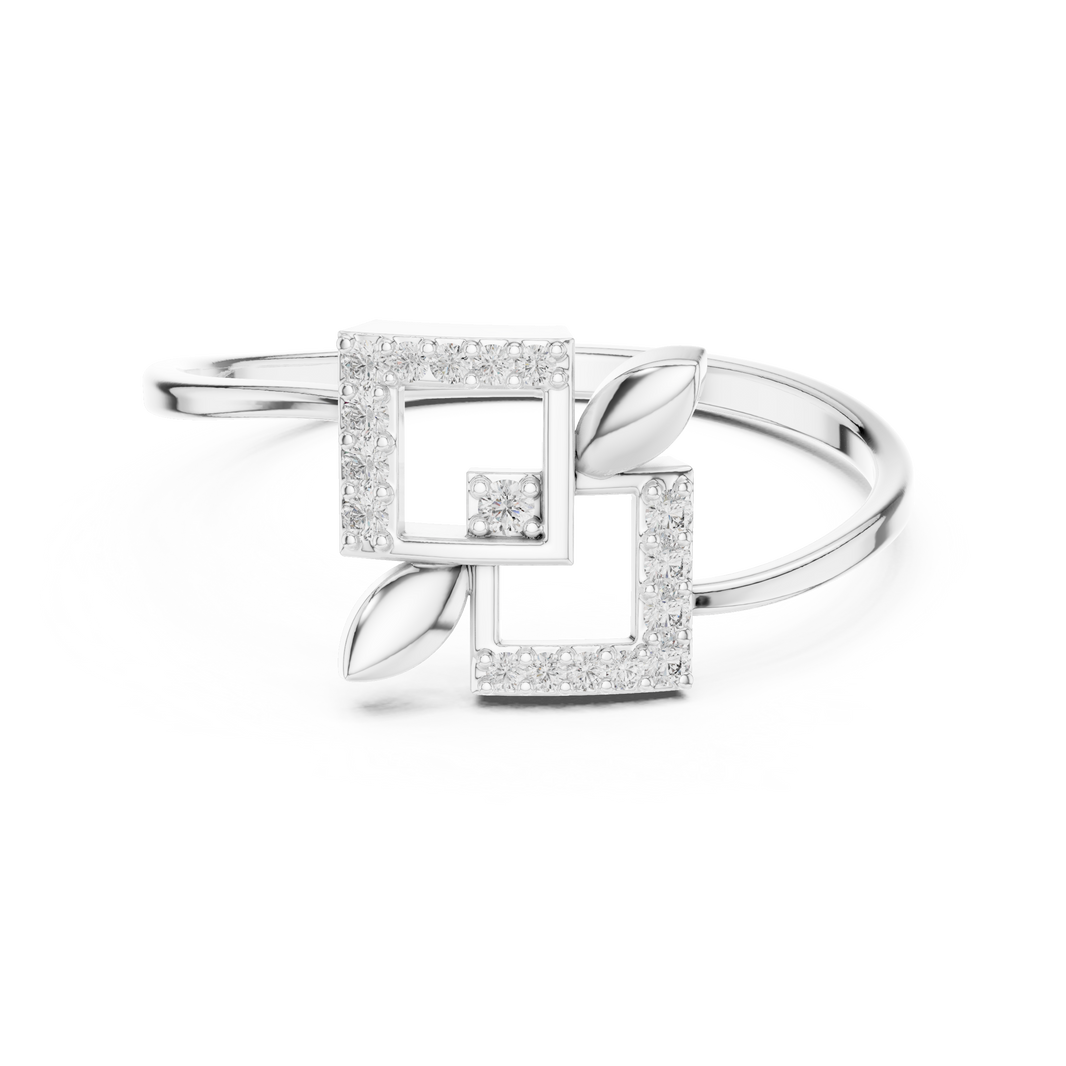 Double square geometric open ring with pave border and minimalist slim band
