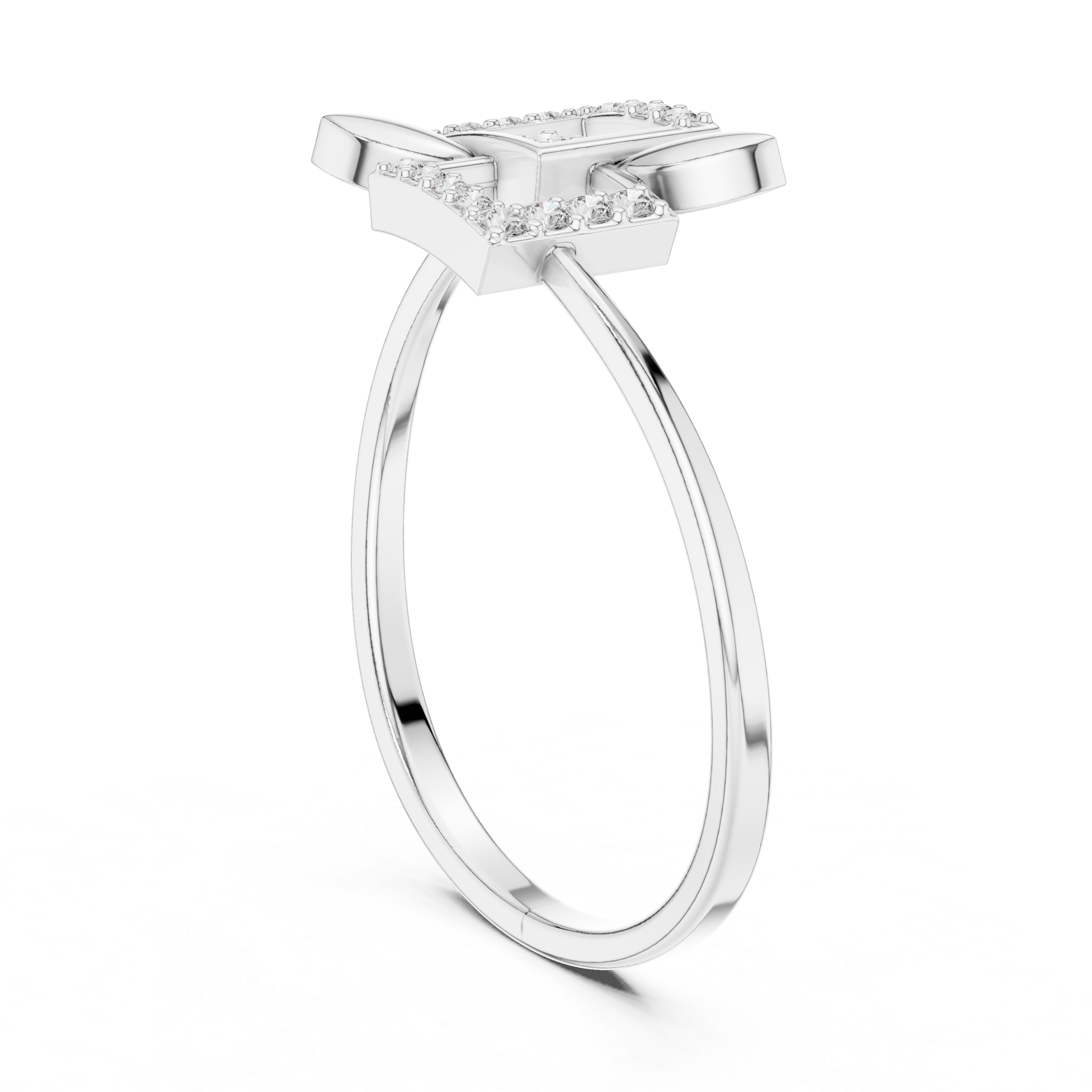 Double square geometric open ring with pave border and minimalist slim band