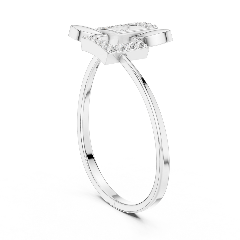 Double square geometric open ring with pave border and minimalist slim band