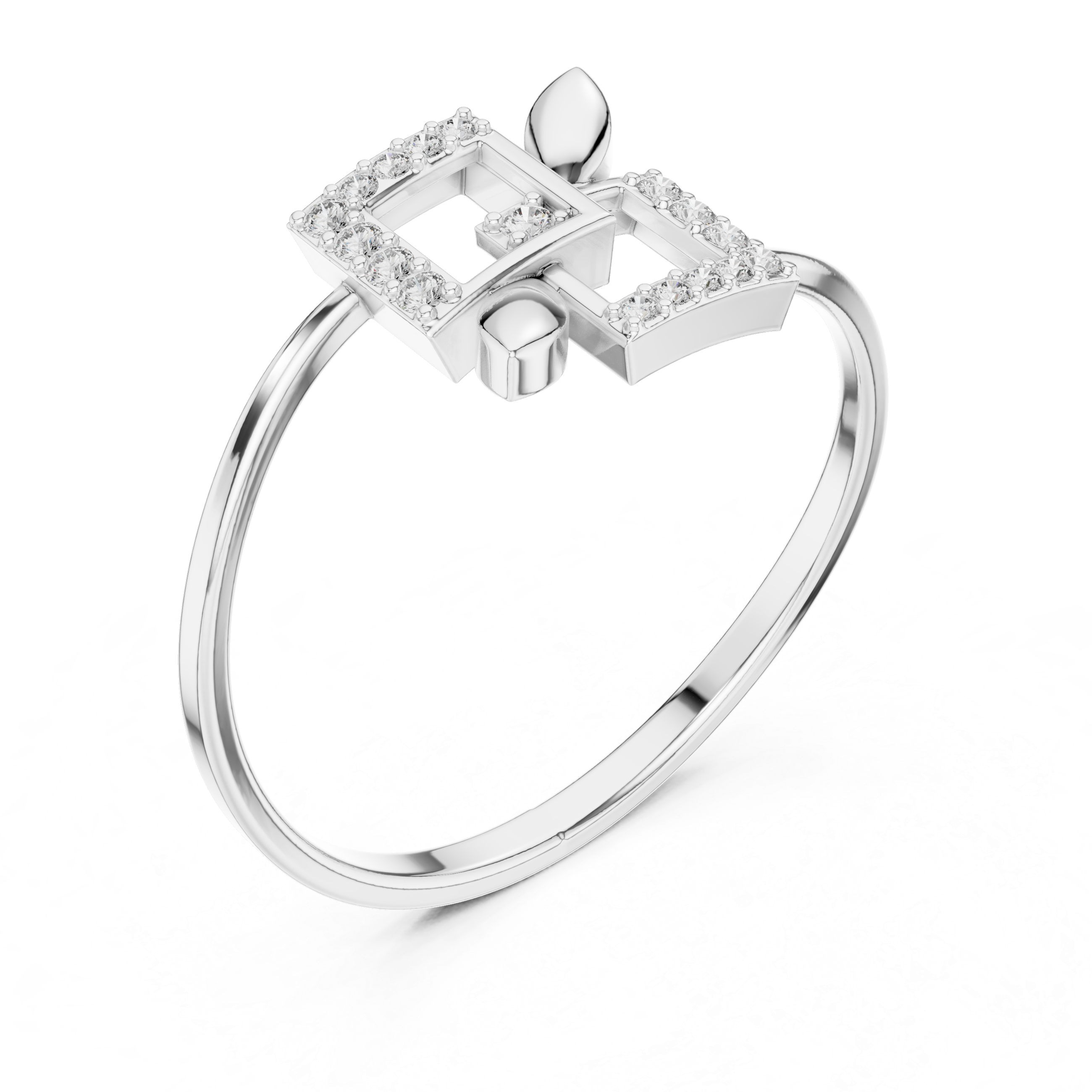 Double square geometric open ring with pave border and minimalist slim band