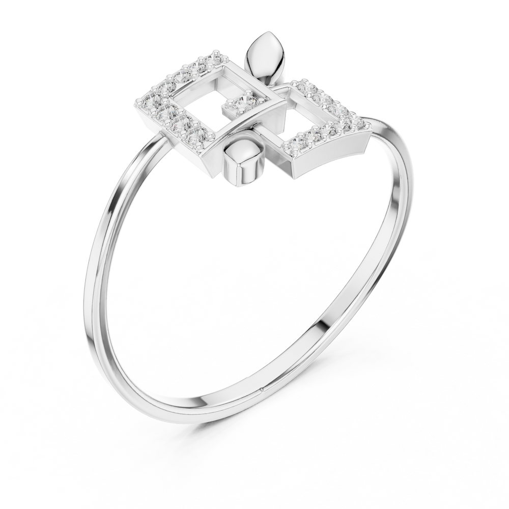 Double square geometric open ring with pave border and minimalist slim band