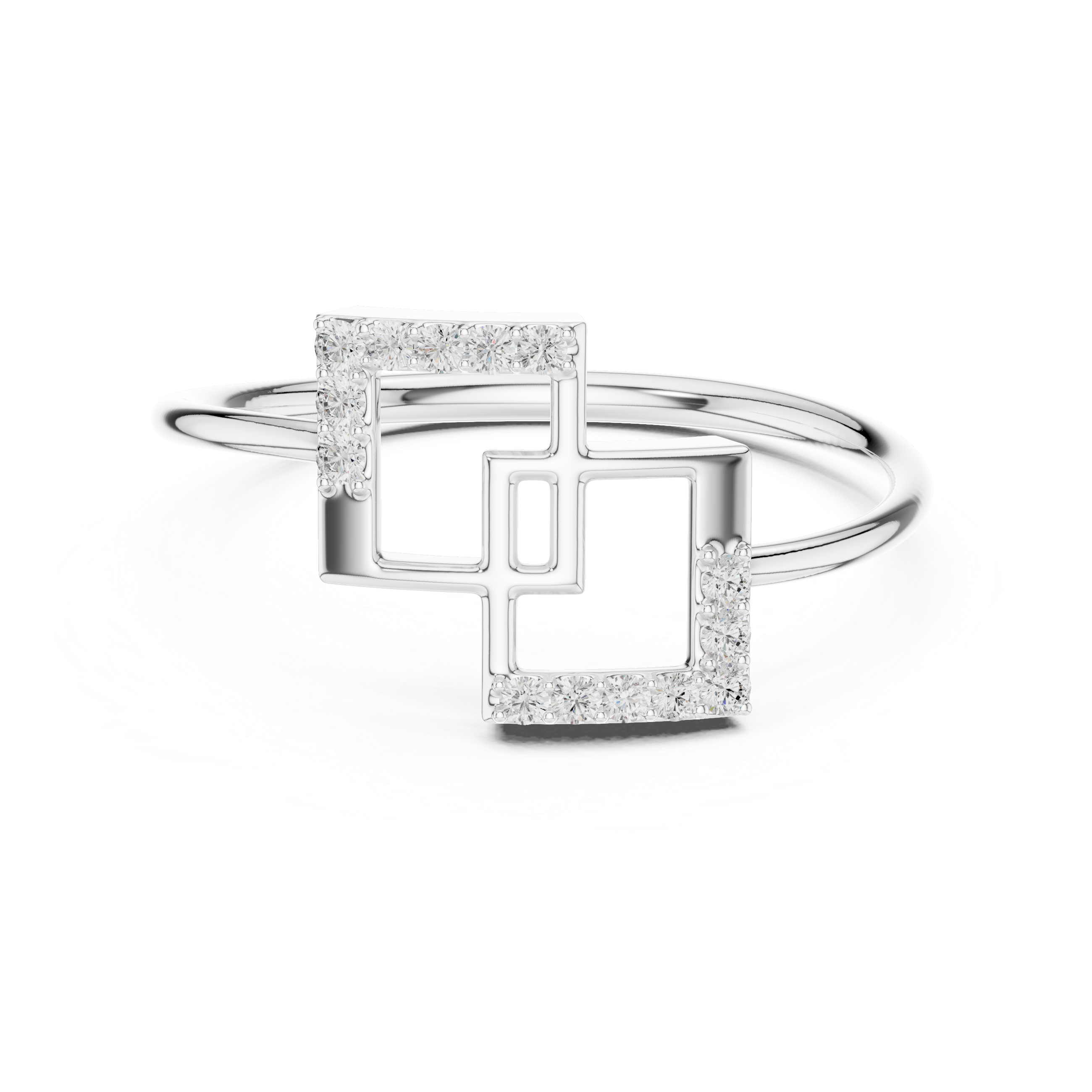 Double square geometric ring with overlapping open frame and plain rounded band