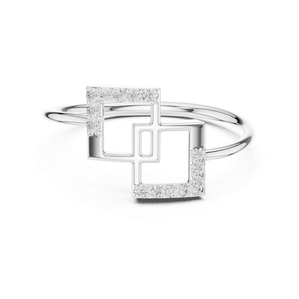 Double square geometric ring with overlapping open frame and plain rounded band