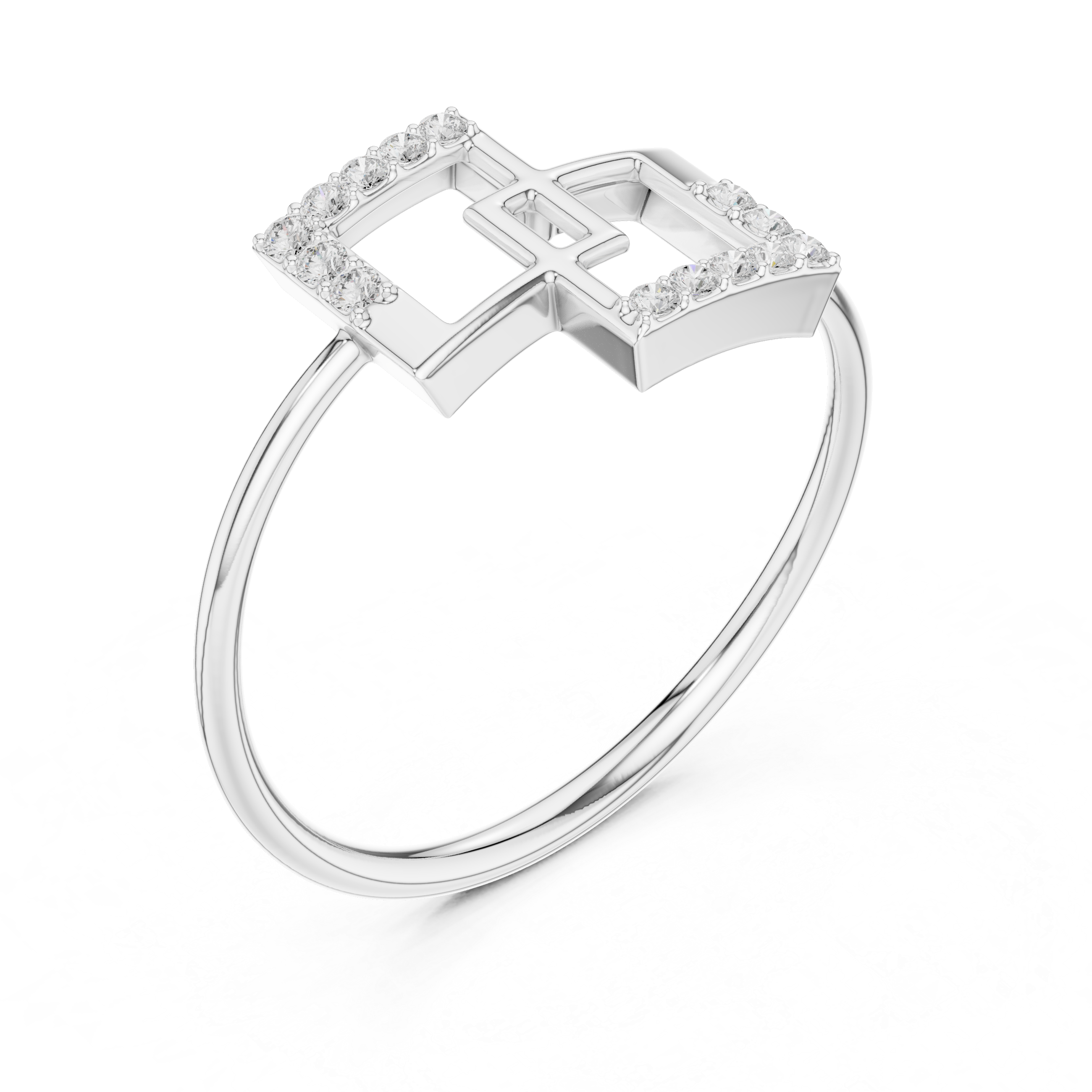 Double square geometric ring with overlapping open frame and plain rounded band