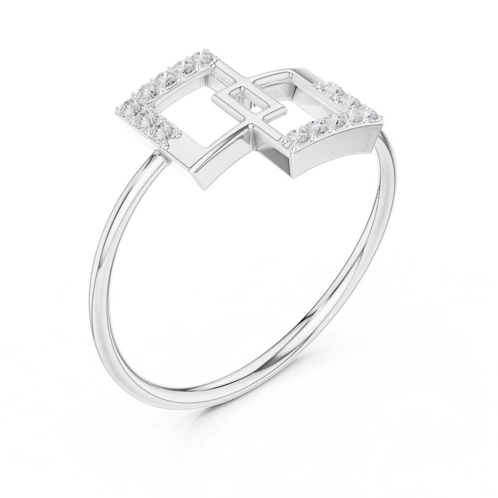Double square geometric ring with overlapping open frame and plain rounded band