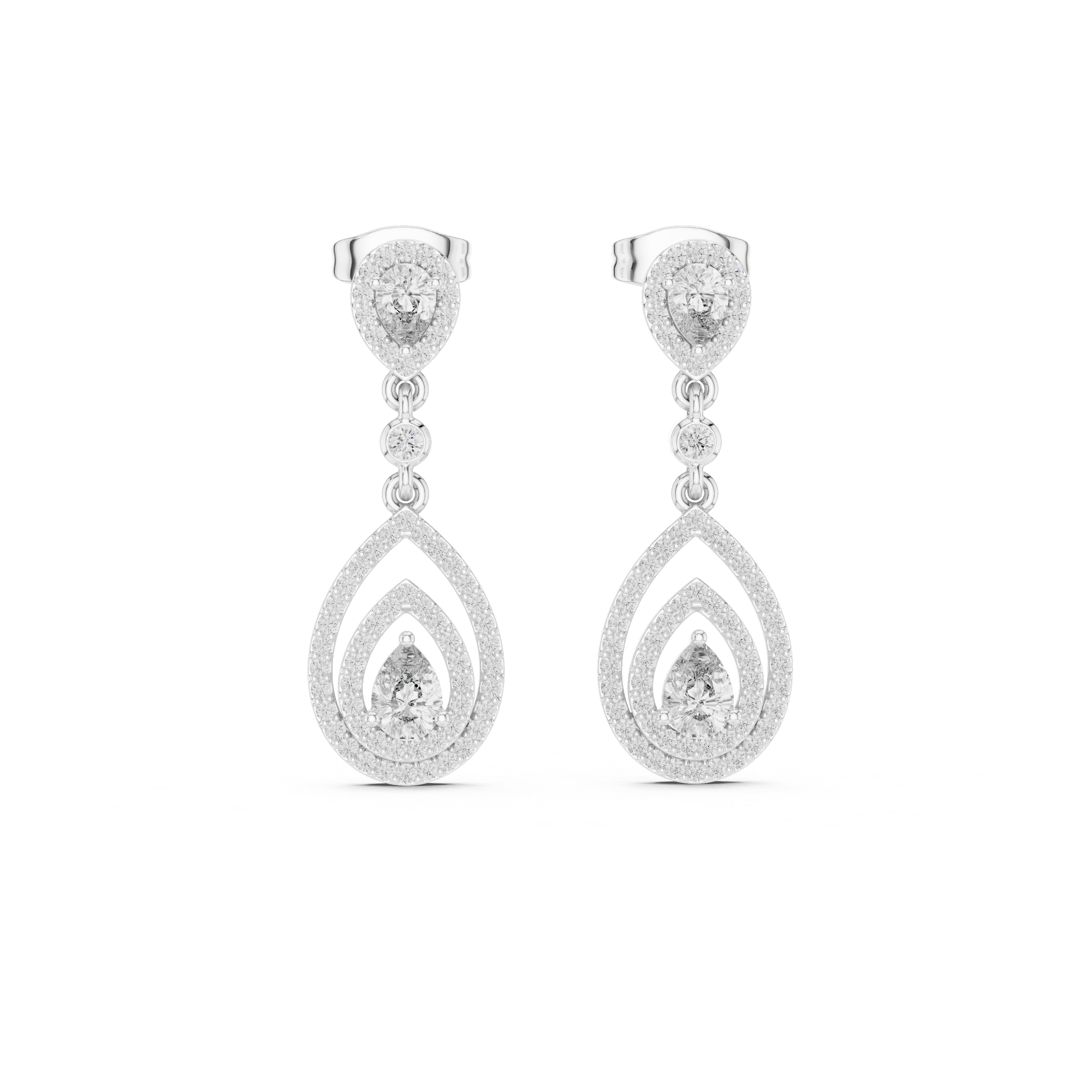 Double teardrop pave dangler earrings with pear halo stud top, round stone link and open double pear frame with pear halo centre stone