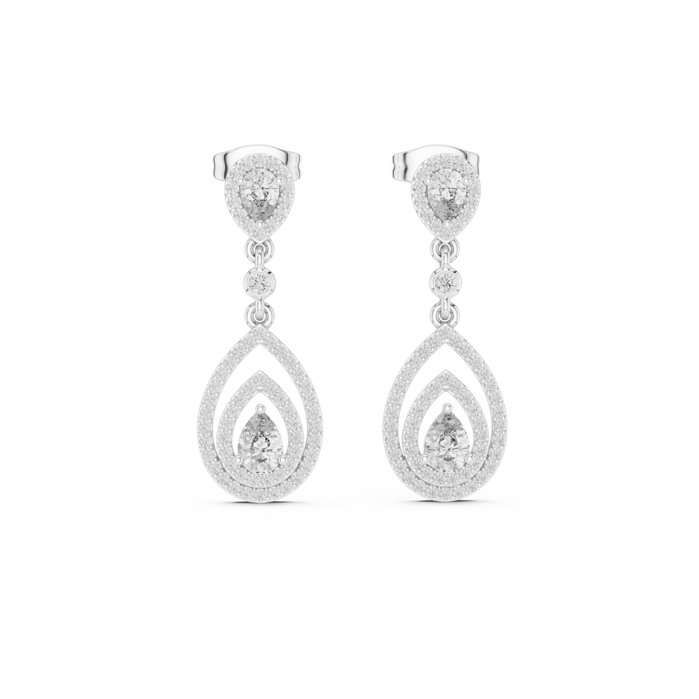Double teardrop pave dangler earrings with pear halo stud top, round stone link and open double pear frame with pear halo centre stone