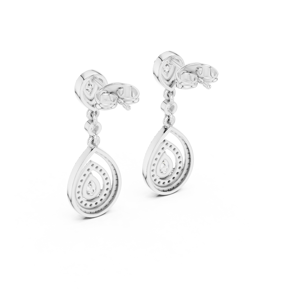 Double teardrop pave dangler earrings with pear halo stud top, round stone link and open double pear frame with pear halo centre stone