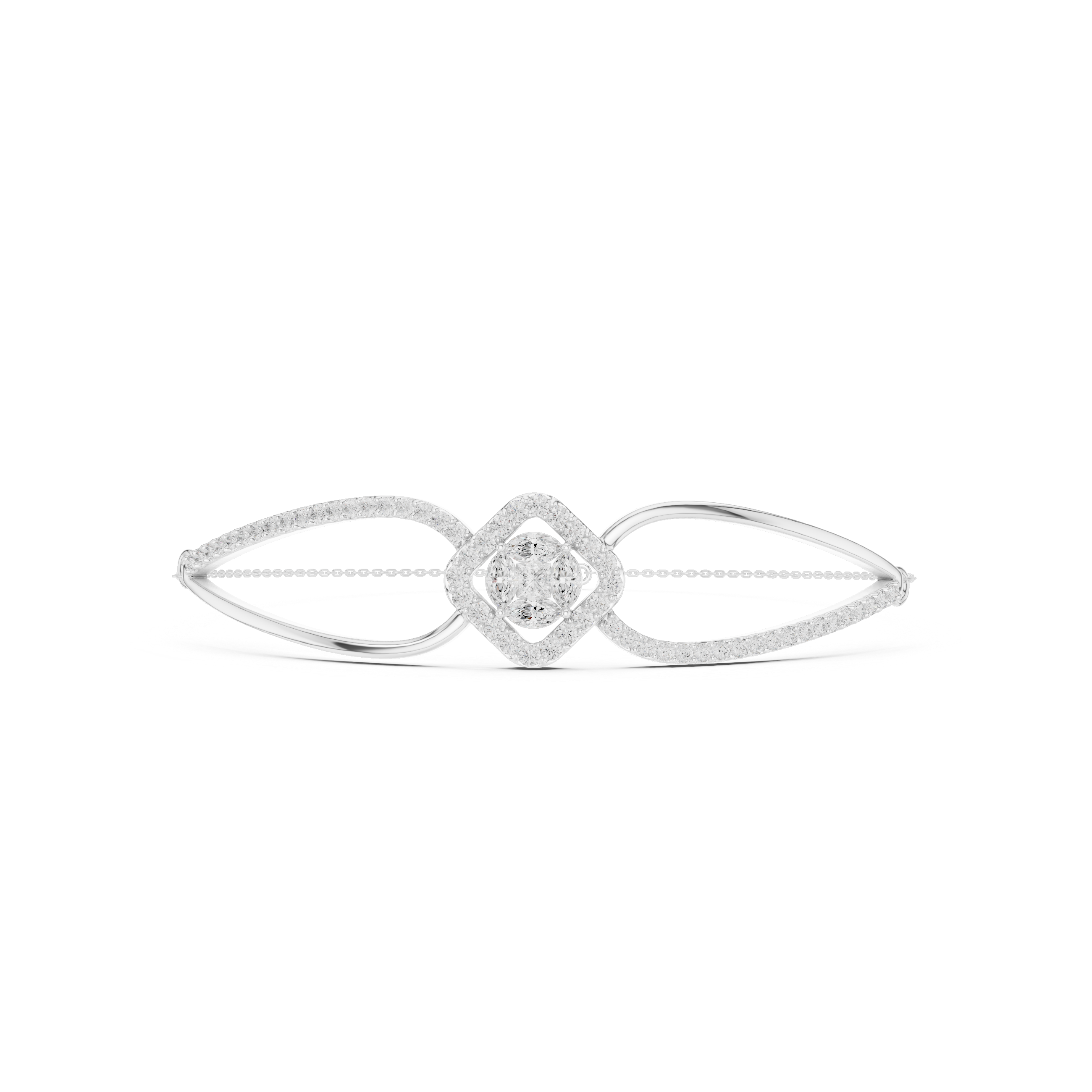 Elegant silver cuff bracelet featuring geometric diamond cluster center with sparkling pavé stones