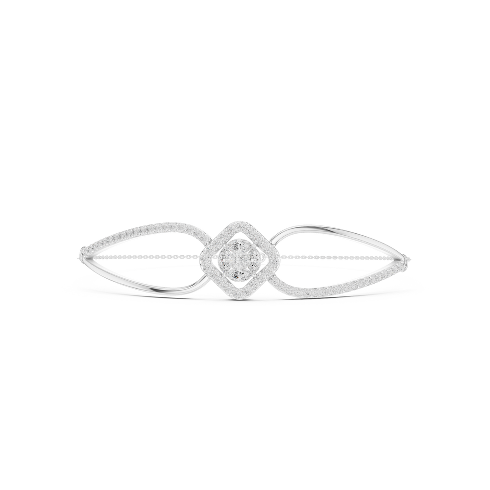 Elegant silver cuff bracelet featuring geometric diamond cluster center with sparkling pavé stones
