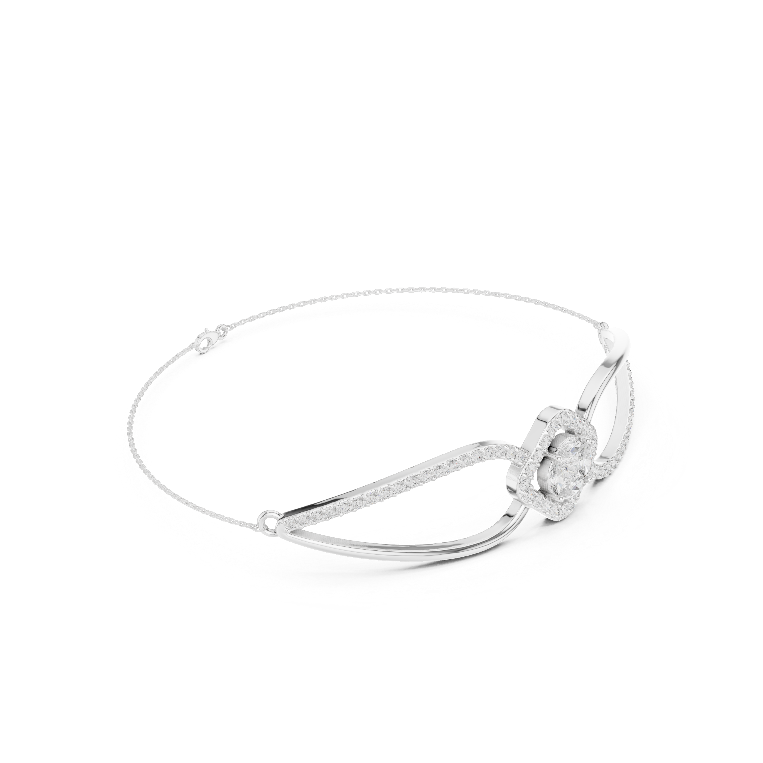 Elegant silver cuff bracelet featuring geometric diamond cluster center with sparkling pavé stones