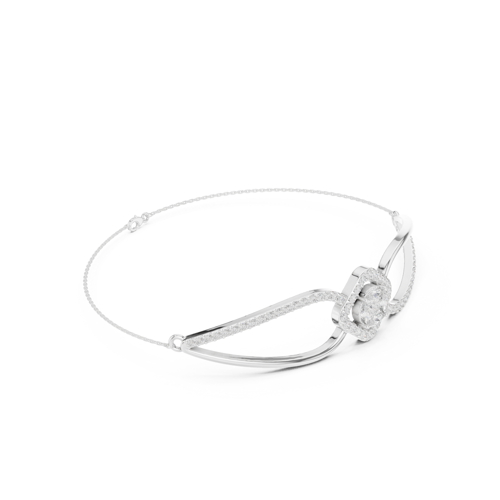 Elegant silver cuff bracelet featuring geometric diamond cluster center with sparkling pavé stones