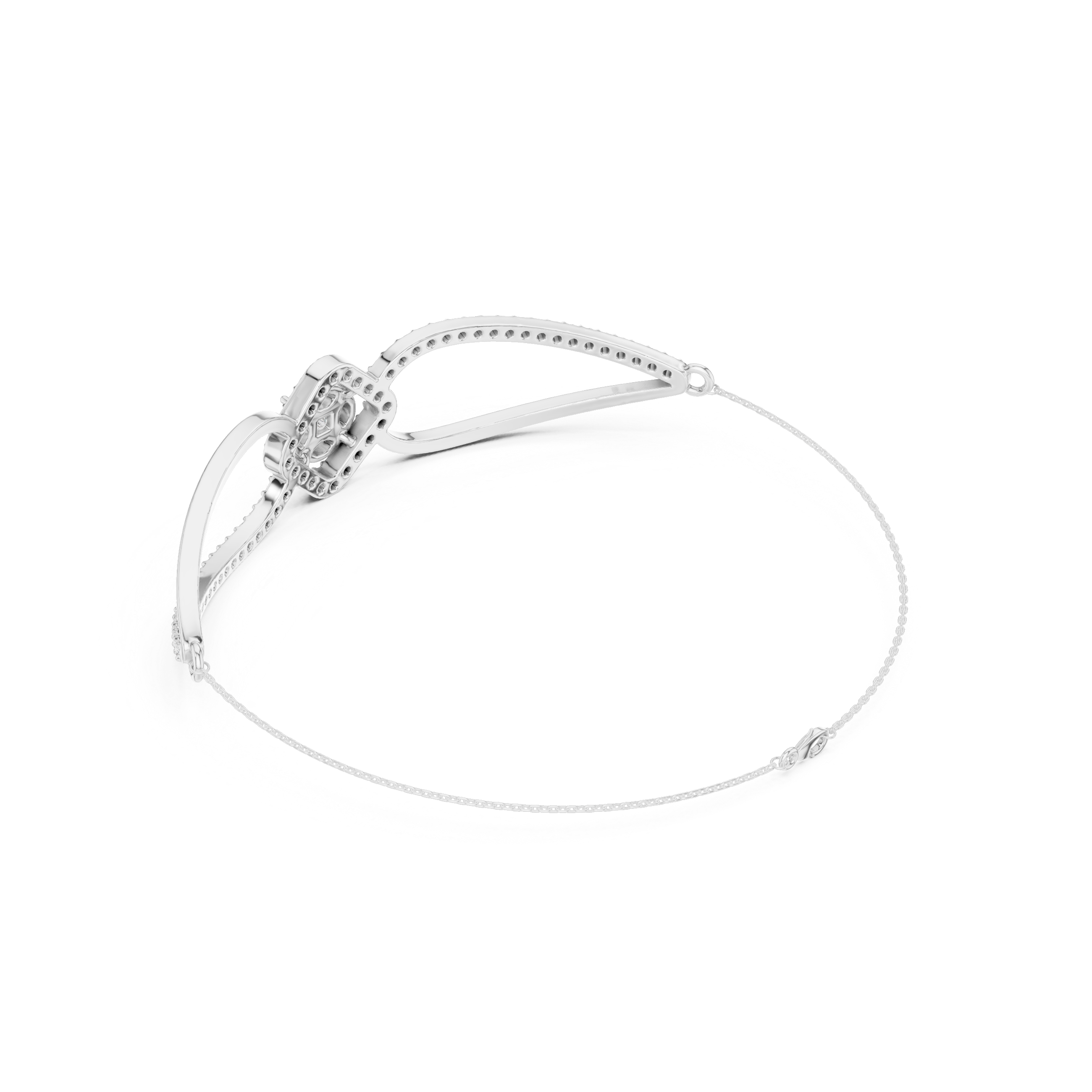 Elegant silver cuff bracelet featuring geometric diamond cluster center with sparkling pavé stones
