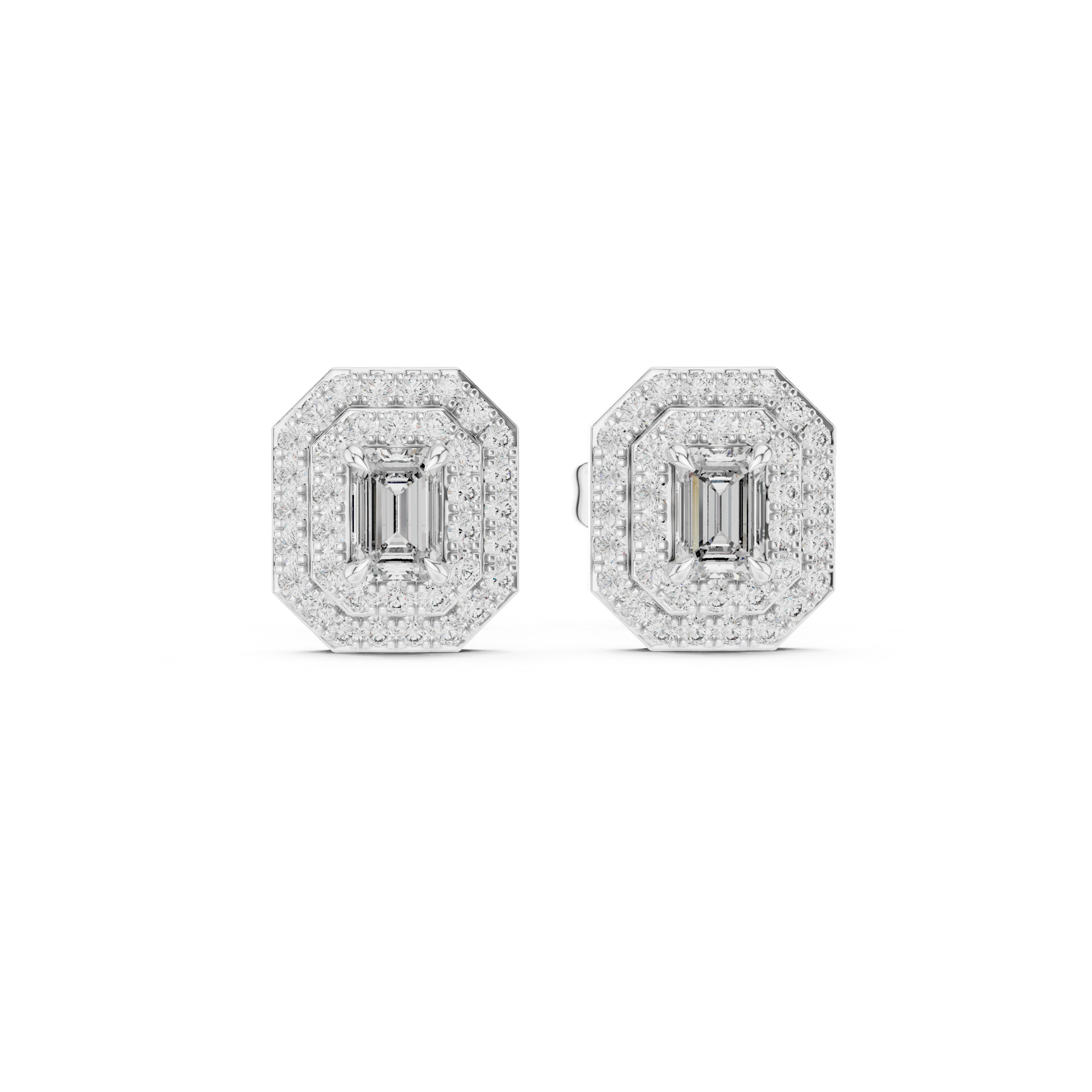 Emerald cut double halo stud earrings with octagonal pave frame and emerald cut centre stone