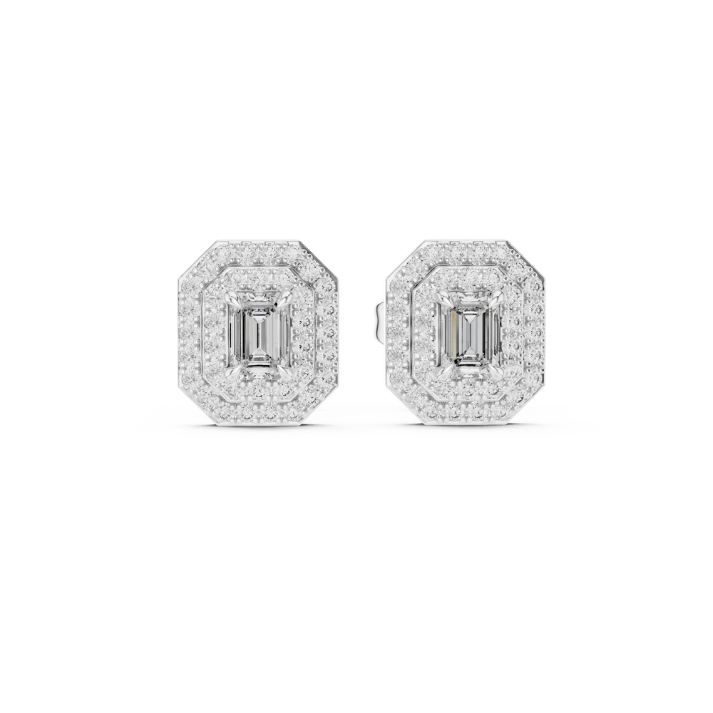 Emerald cut double halo stud earrings with octagonal pave frame and emerald cut centre stone