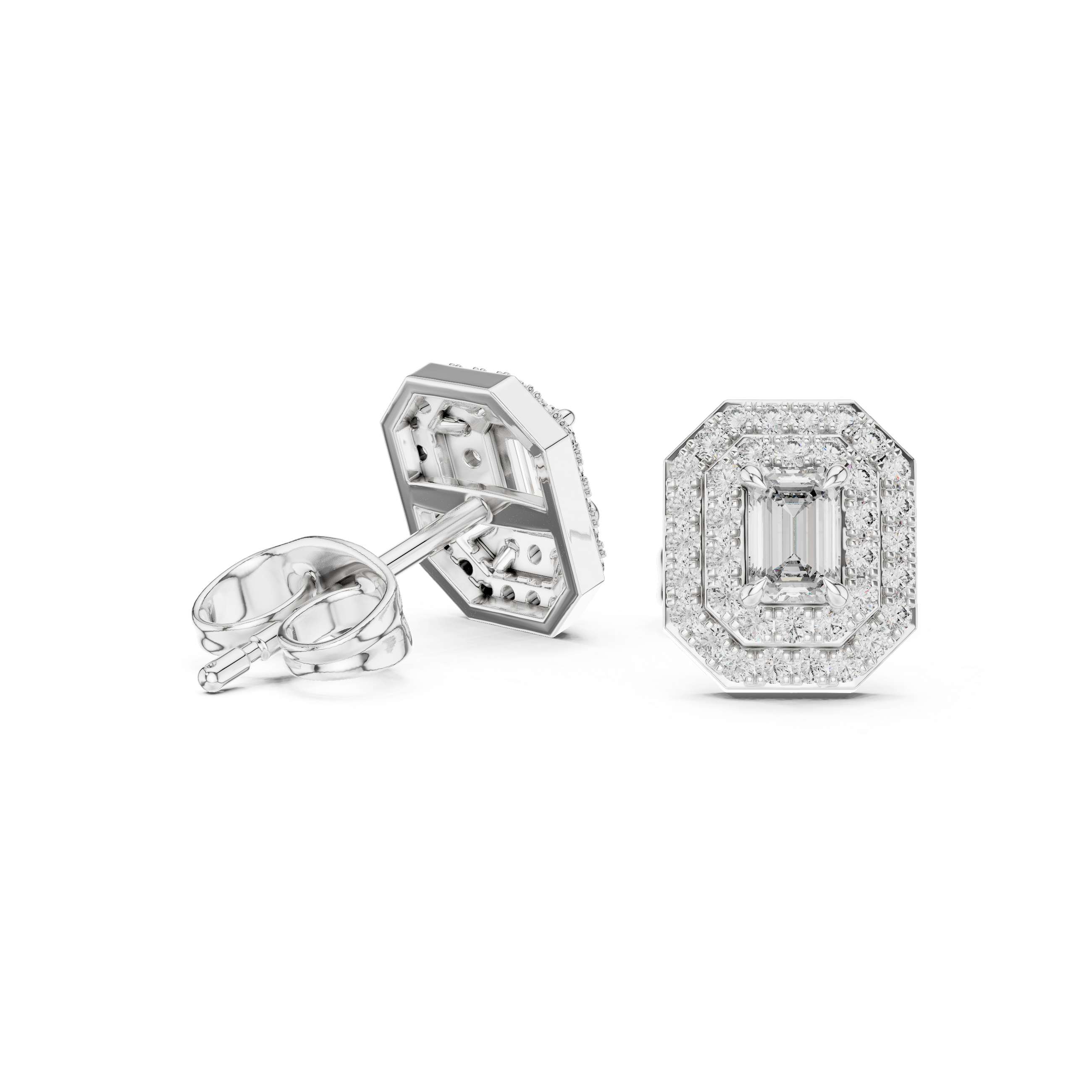 Emerald cut double halo stud earrings with octagonal pave frame and emerald cut centre stone