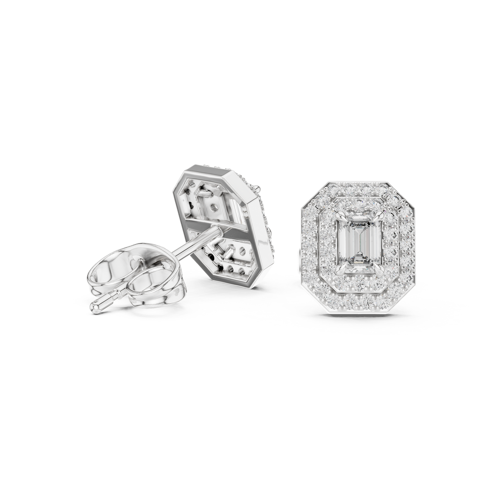 Emerald cut double halo stud earrings with octagonal pave frame and emerald cut centre stone