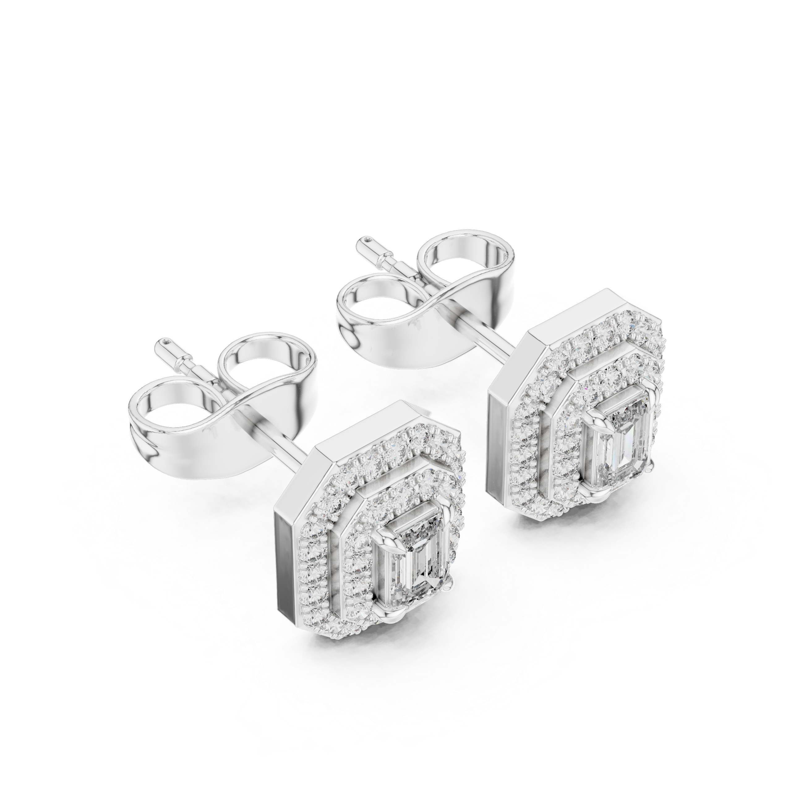 Emerald cut double halo stud earrings with octagonal pave frame and emerald cut centre stone