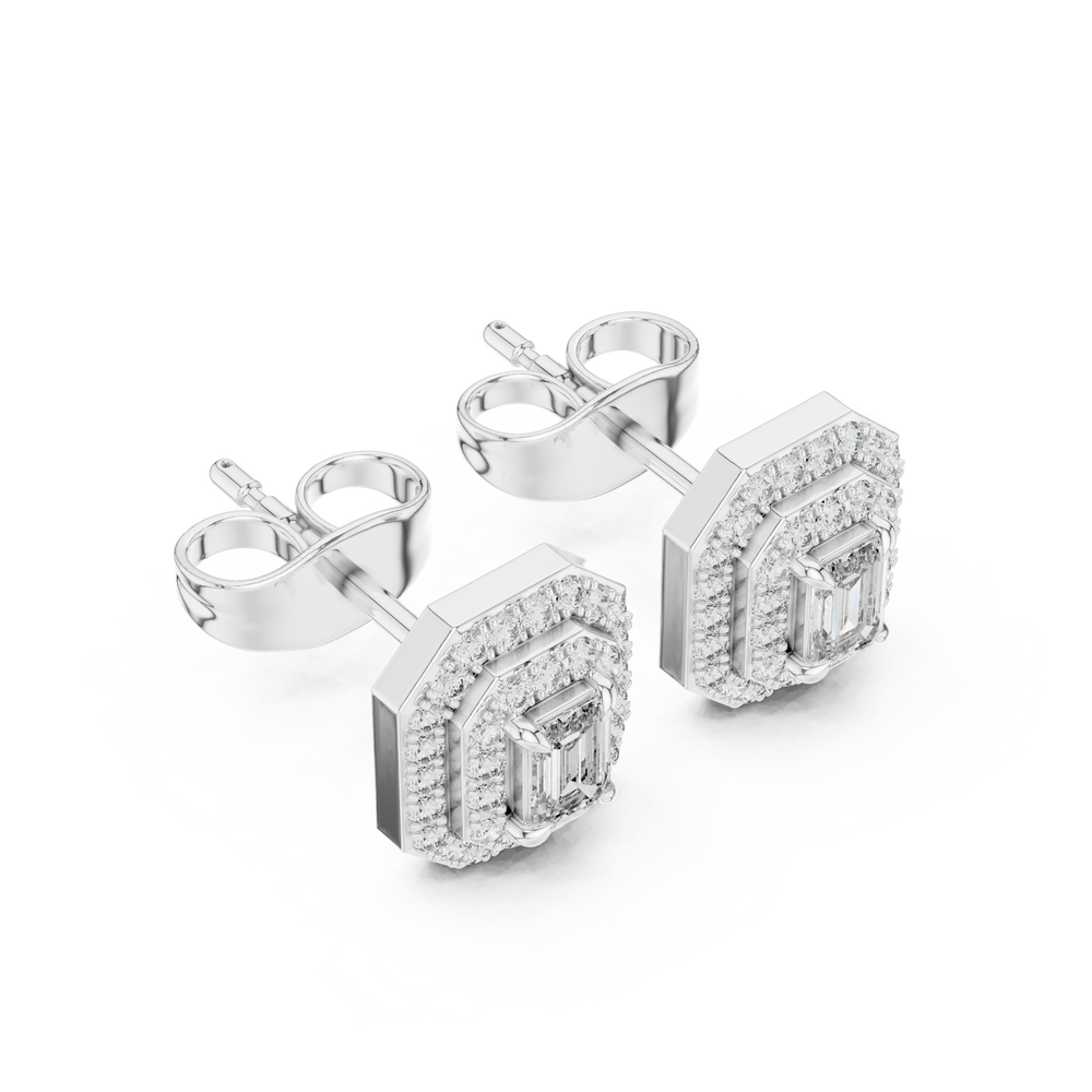 Emerald cut double halo stud earrings with octagonal pave frame and emerald cut centre stone