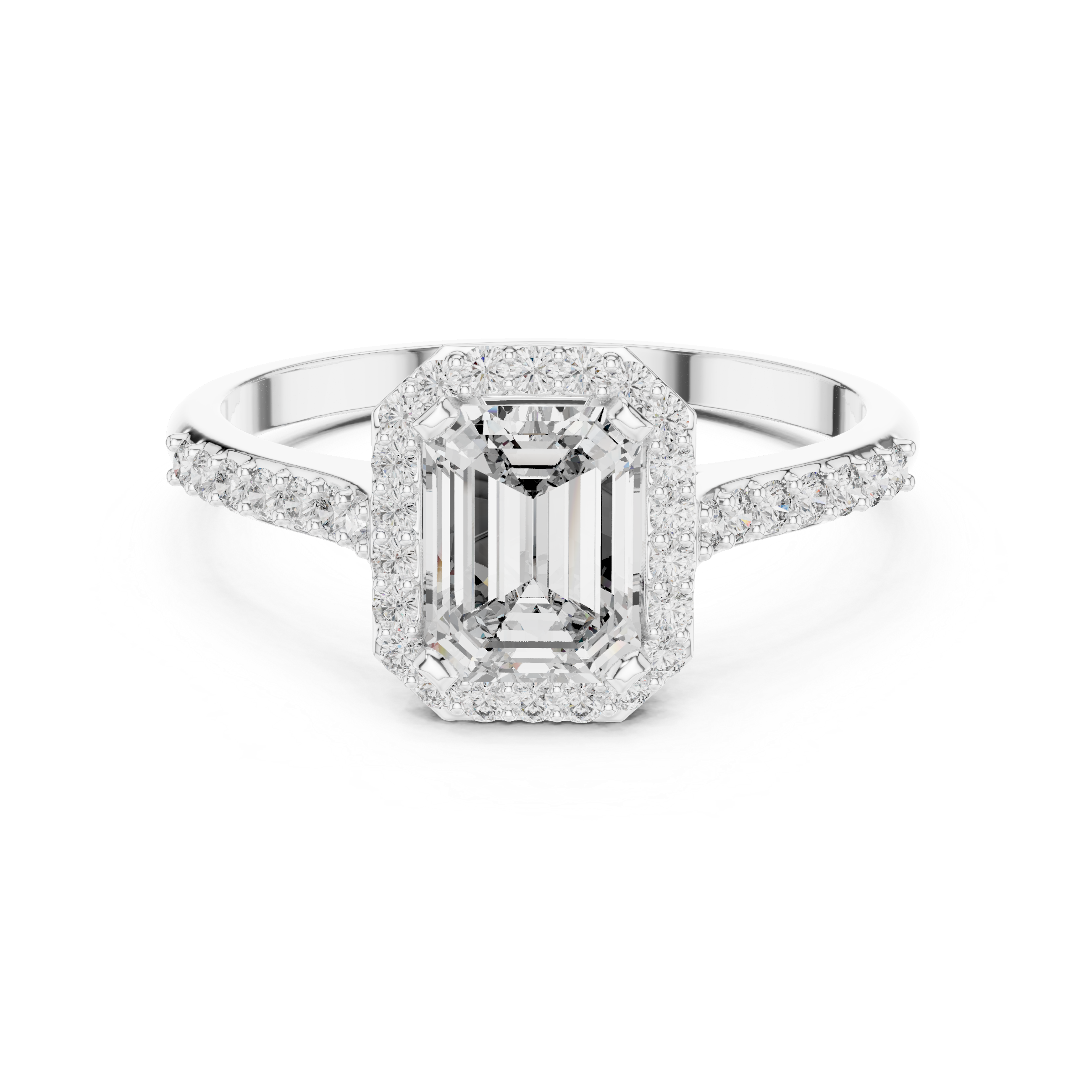 Emerald cut halo engagement ring with pave set shoulders and tapered split band