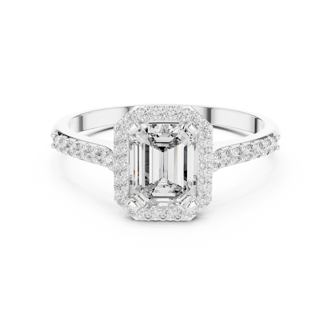 Emerald cut halo engagement ring with pave set shoulders and tapered split band