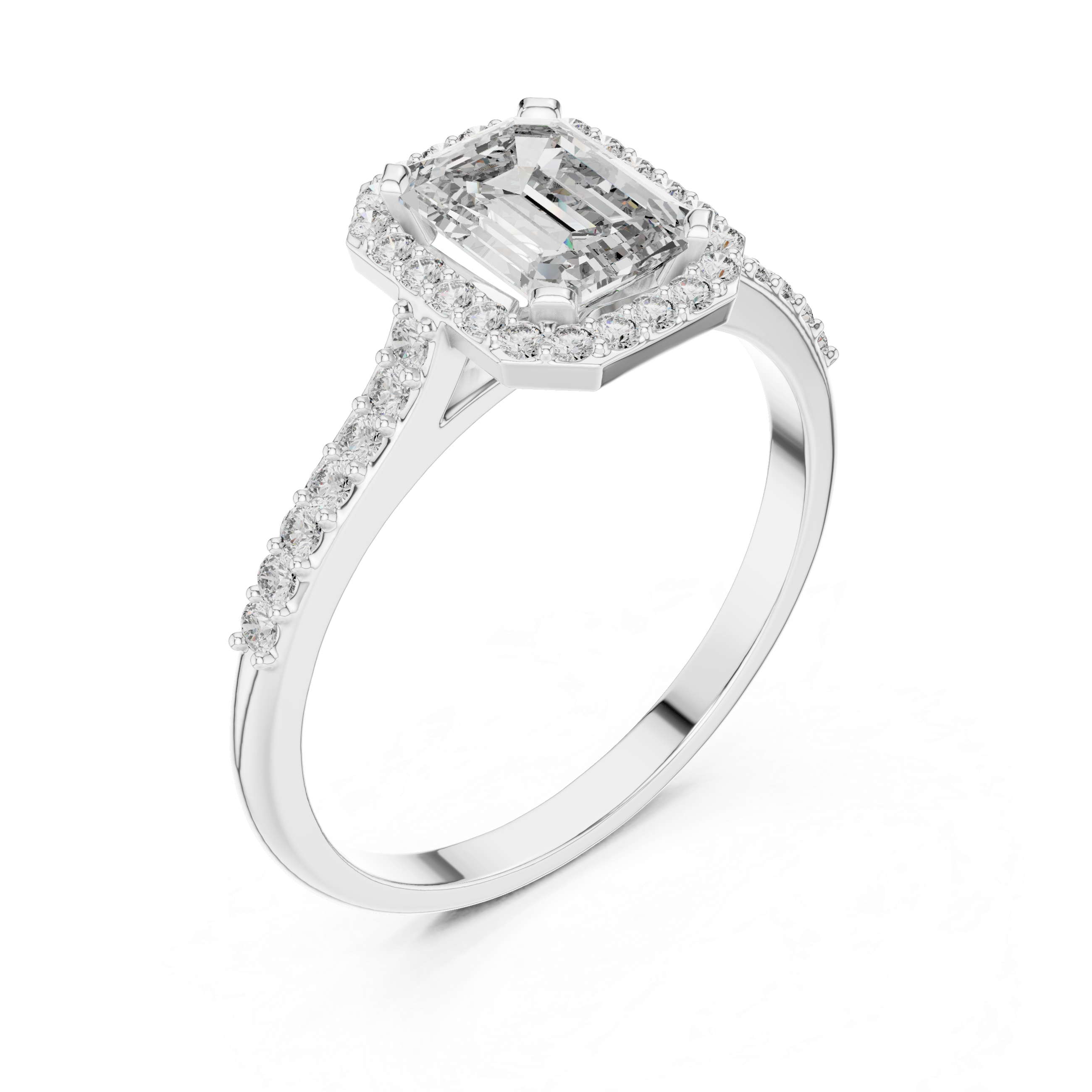 Emerald cut halo engagement ring with pave set shoulders and tapered split band