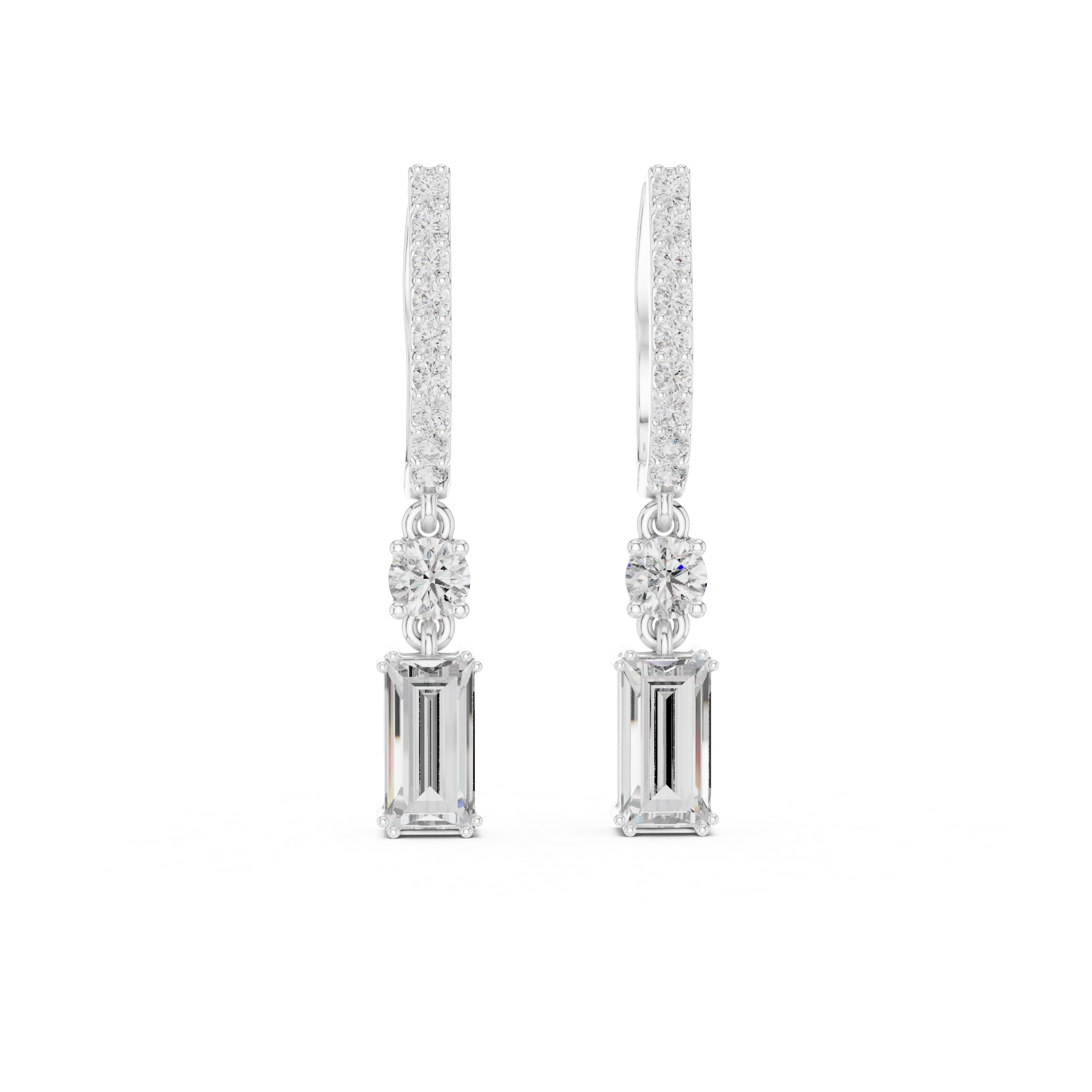 Emerald cut hoop drop earrings with pave set hoop top, round solitaire link and large emerald cut dangling stone