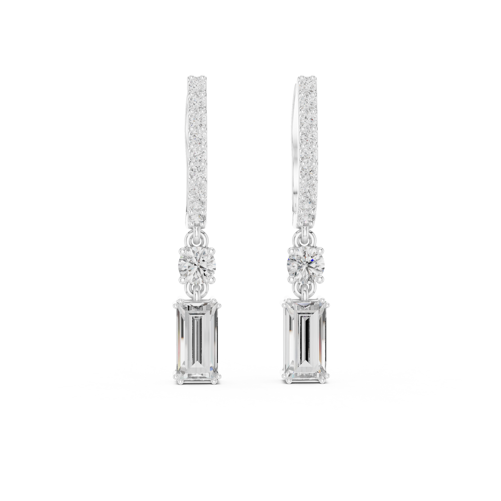 Emerald cut hoop drop earrings with pave set hoop top, round solitaire link and large emerald cut dangling stone