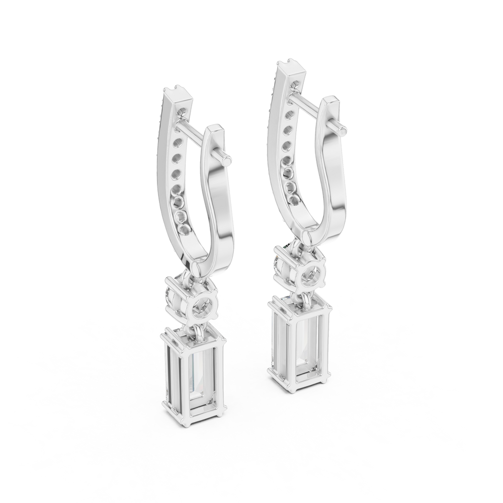 Emerald cut hoop drop earrings with pave set hoop top, round solitaire link and large emerald cut dangling stone