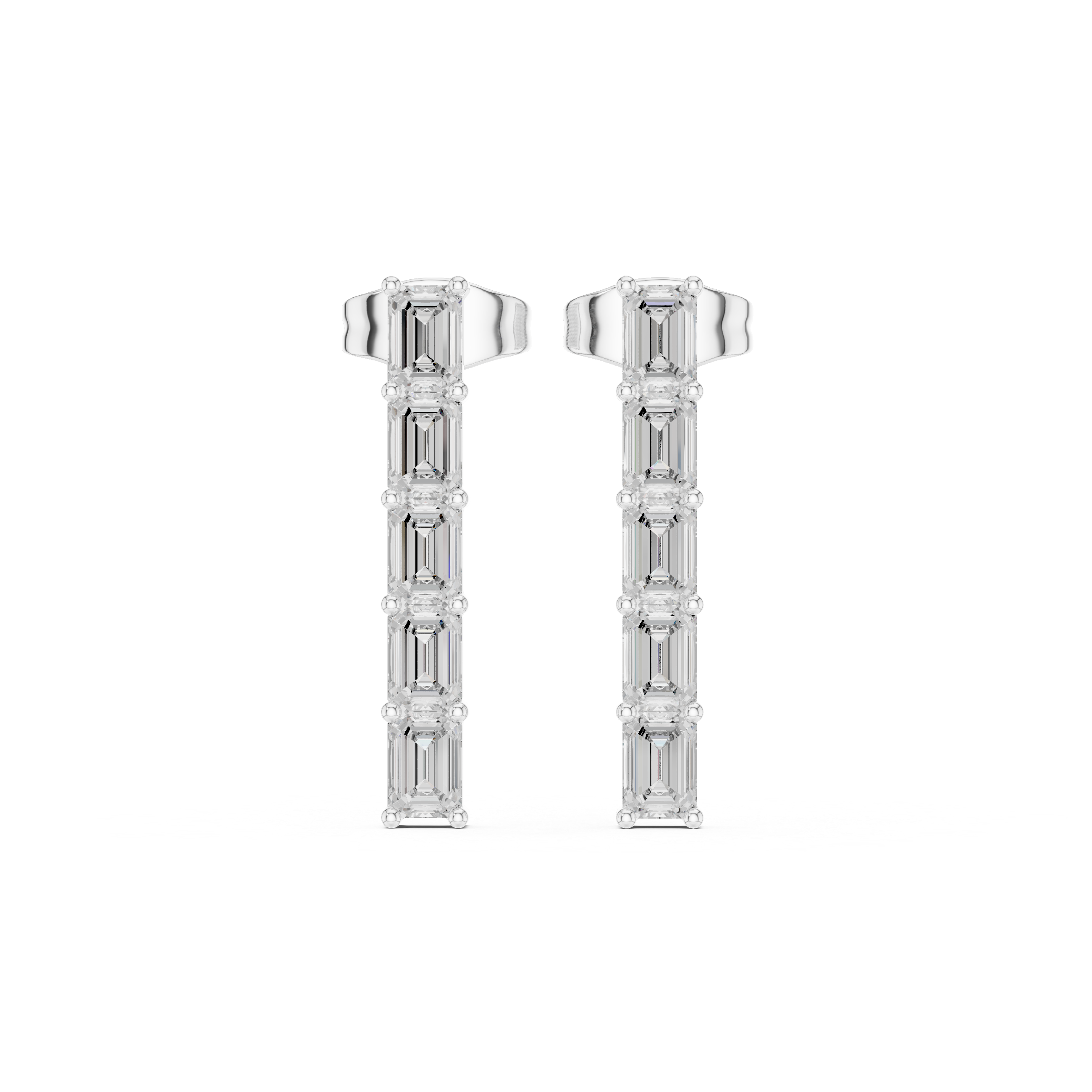 Six emerald cut stones stacked vertically in a long linear bar drop earring