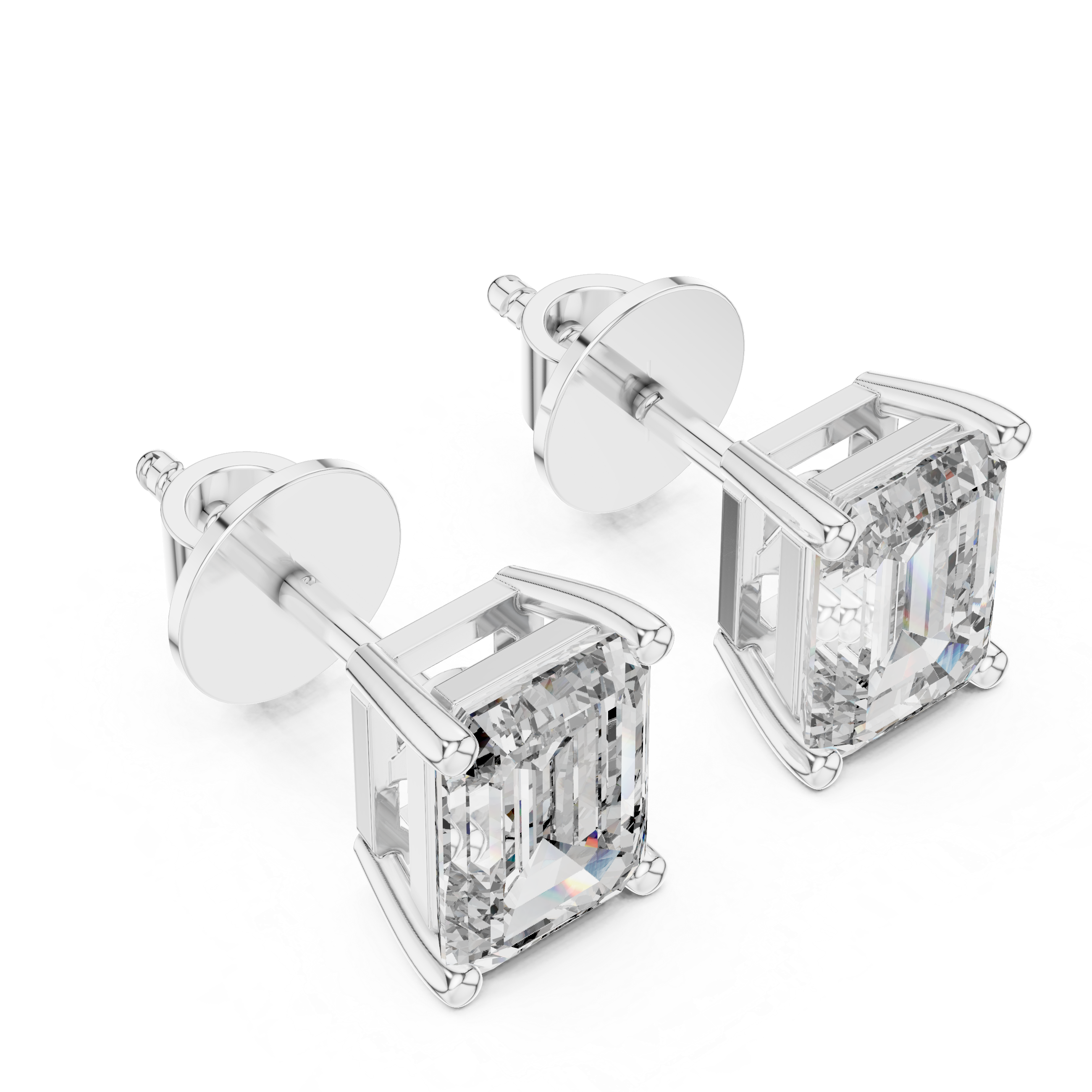 Emerald cut solitaire stud earrings with a four-corner claw setting