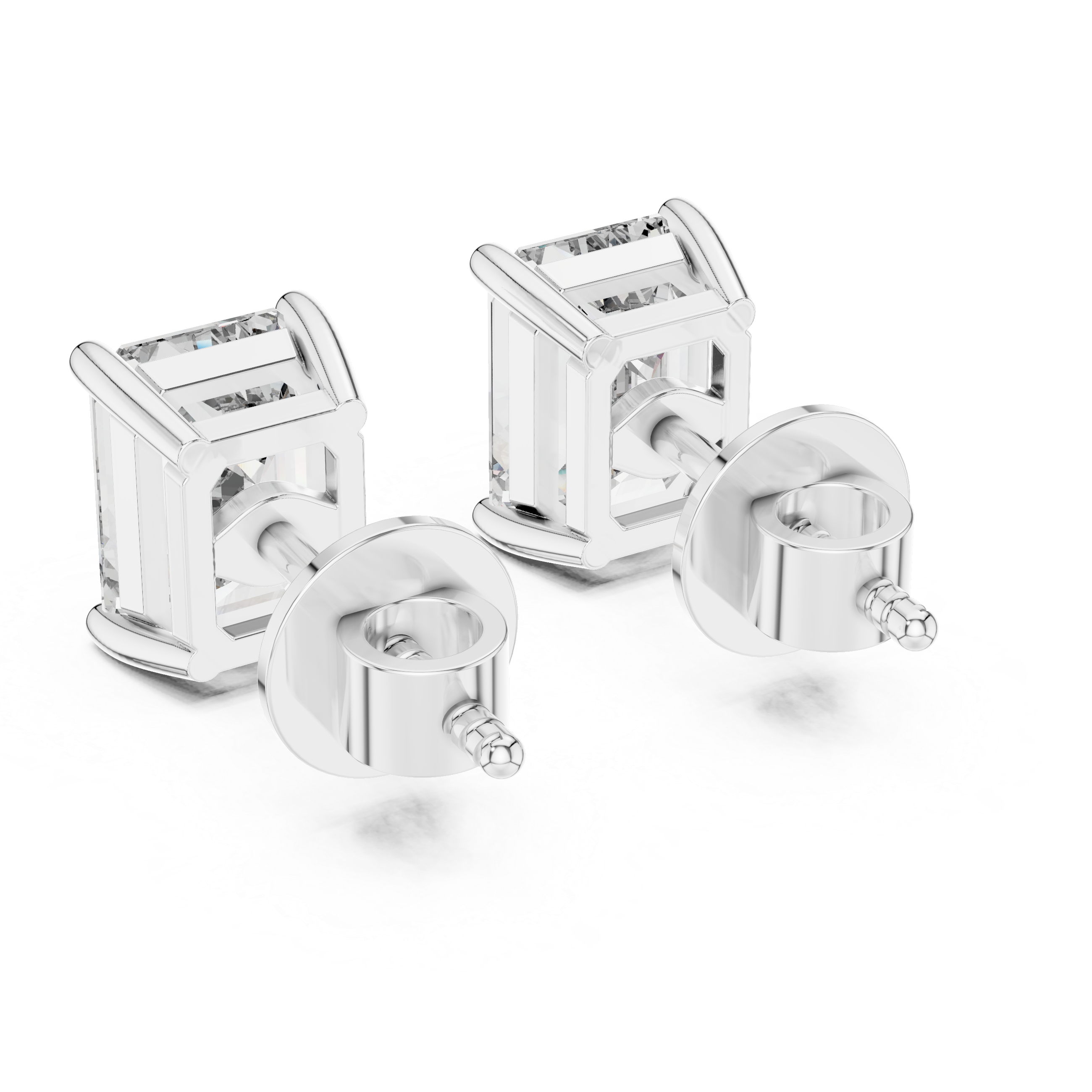 Emerald cut solitaire stud earrings with a four-corner claw setting