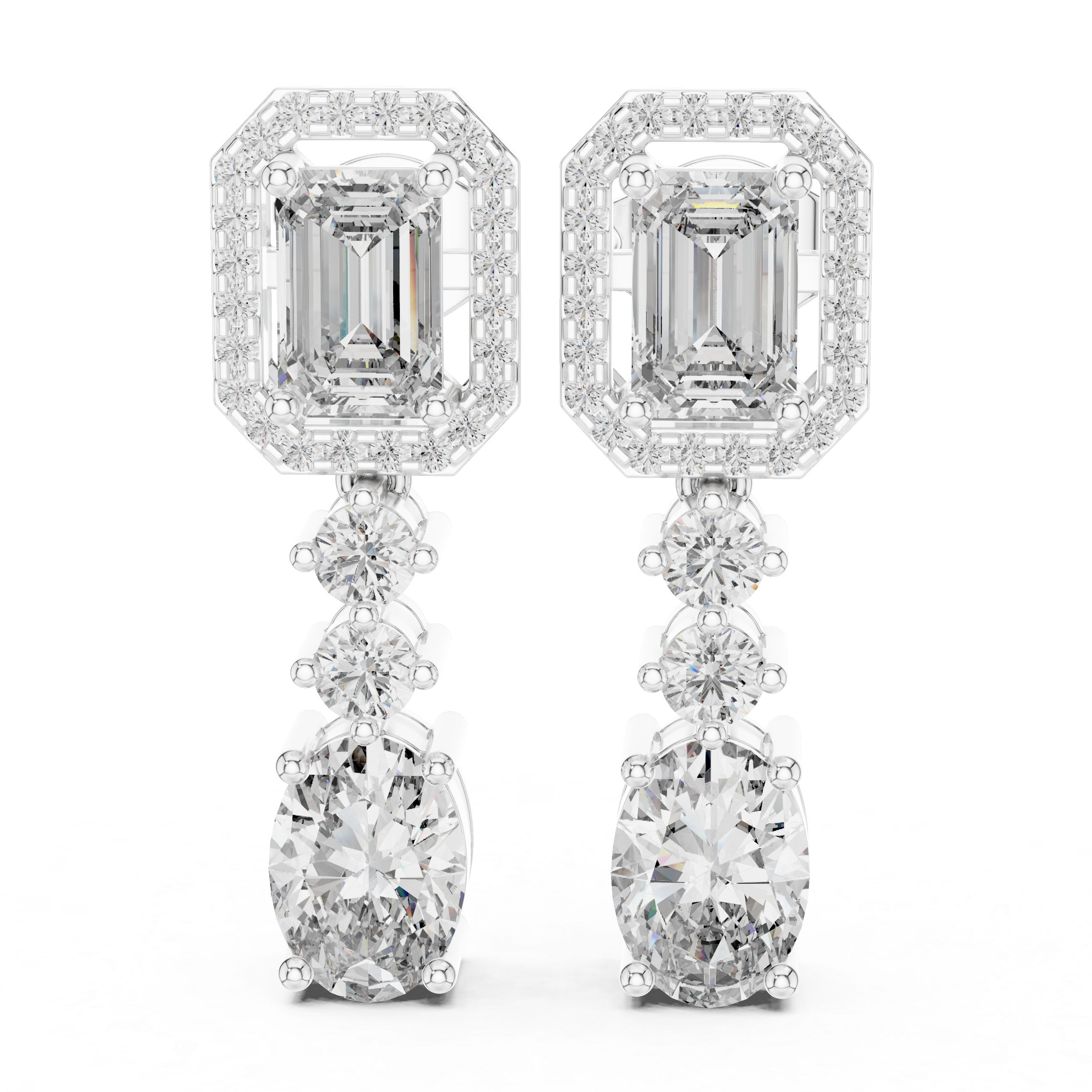 Emerald halo and oval drop dangler earrings with octagonal pave halo top, round stone chain link and large oval solitaire drop