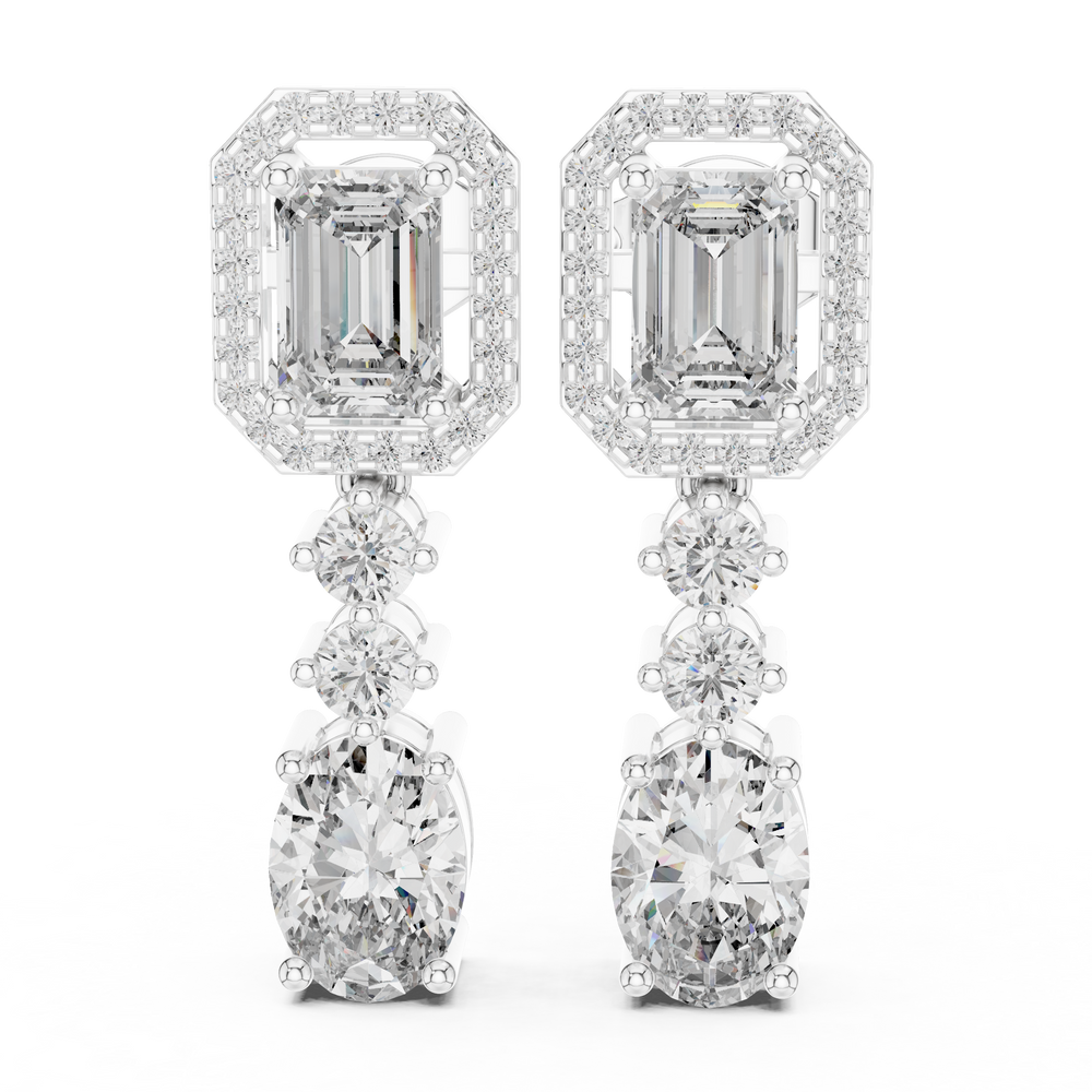 Emerald halo and oval drop dangler earrings with octagonal pave halo top, round stone chain link and large oval solitaire drop