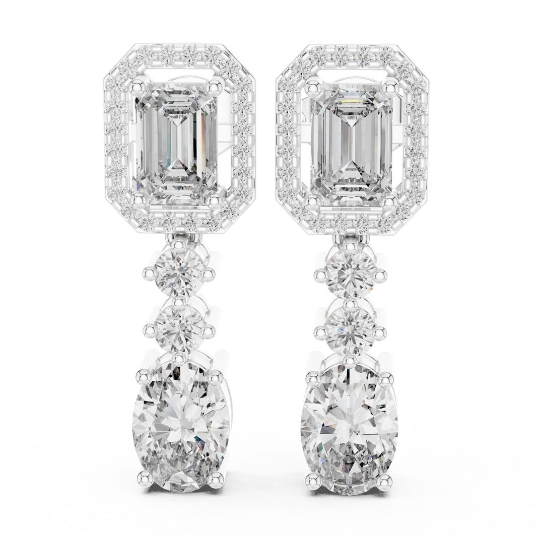 Emerald halo and oval drop dangler earrings with octagonal pave halo top, round stone chain link and large oval solitaire drop