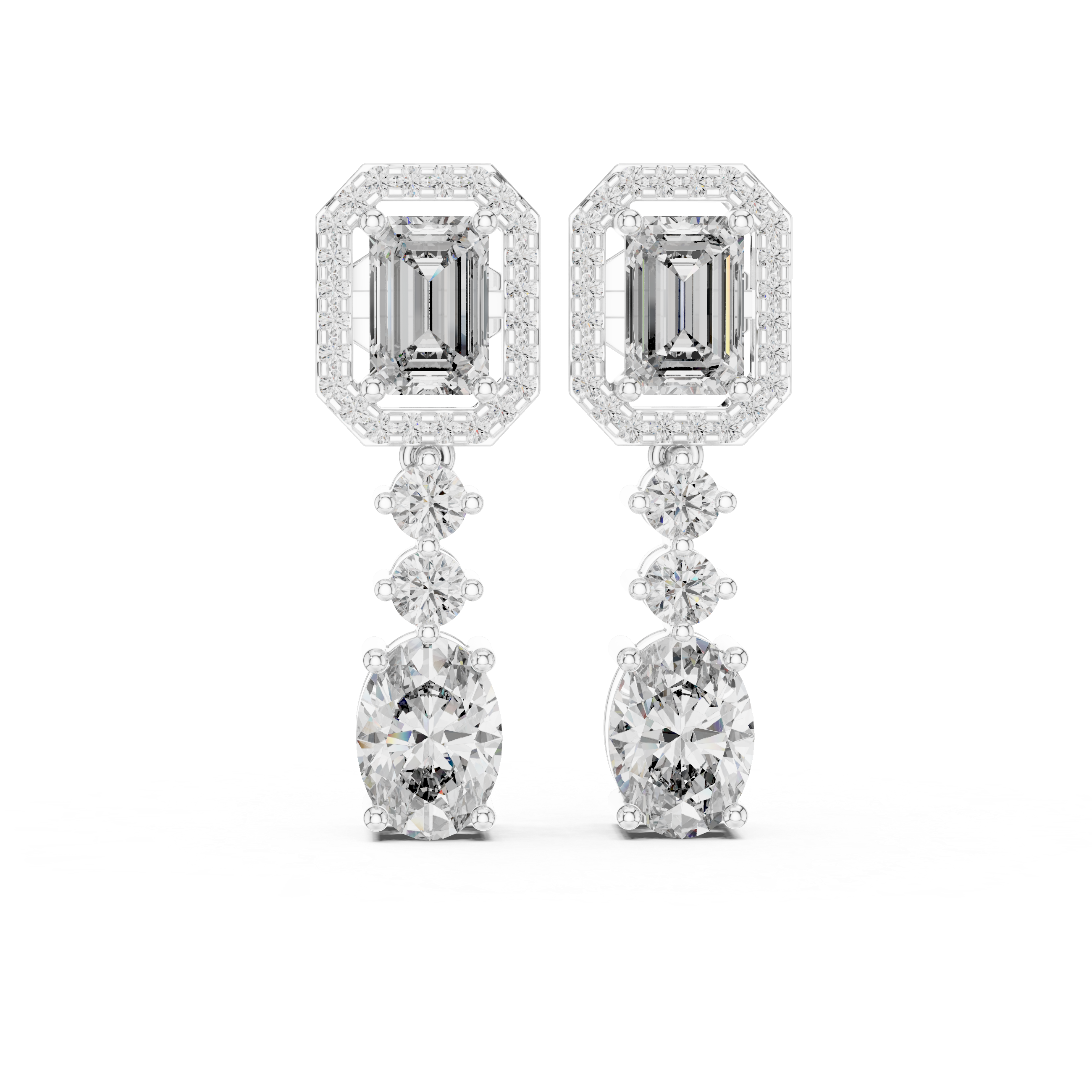 Emerald halo and oval drop dangler earrings with octagonal pave halo top, round stone chain link and large oval solitaire drop
