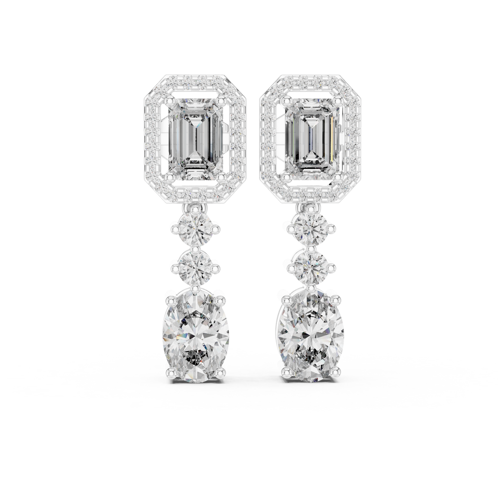 Emerald halo and oval drop dangler earrings with octagonal pave halo top, round stone chain link and large oval solitaire drop