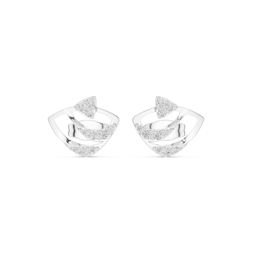 Fan petal diamond stud earrings with layered arc design and push back setting